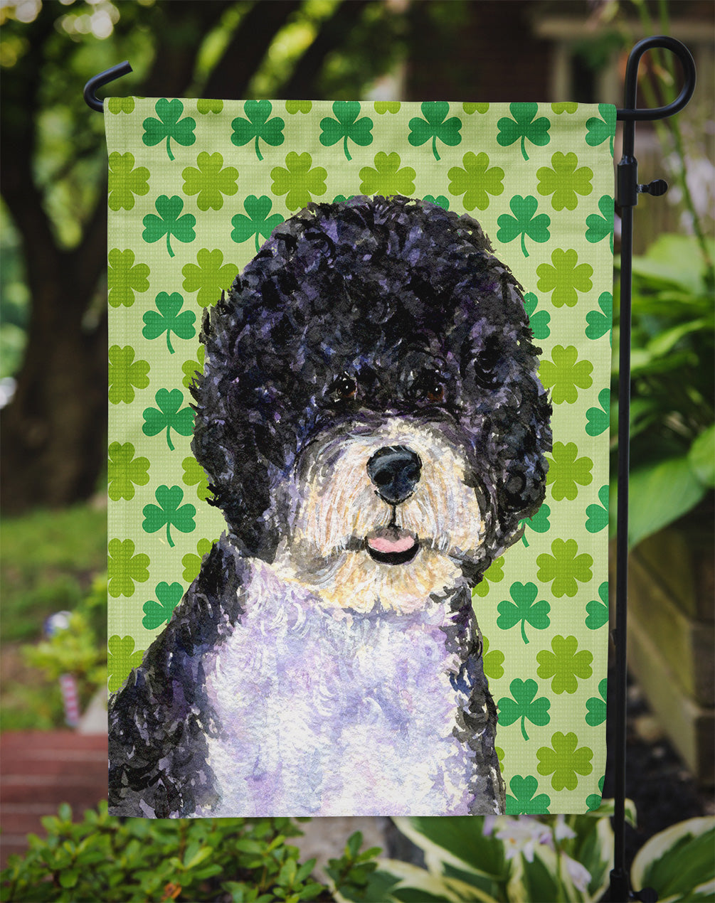 Portuguese Water Dog St. Patrick's Day Shamrock Flag Garden Size.