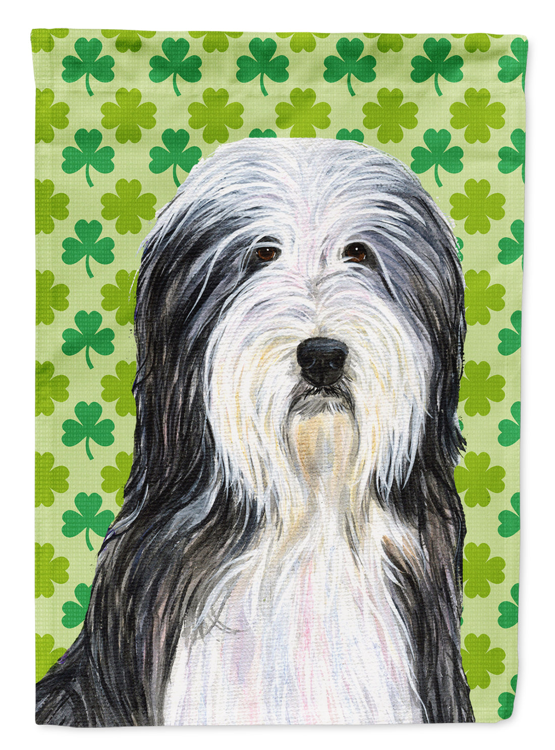 Bearded Collie St. Patrick's Day Shamrock Portrait Flag Garden Size.