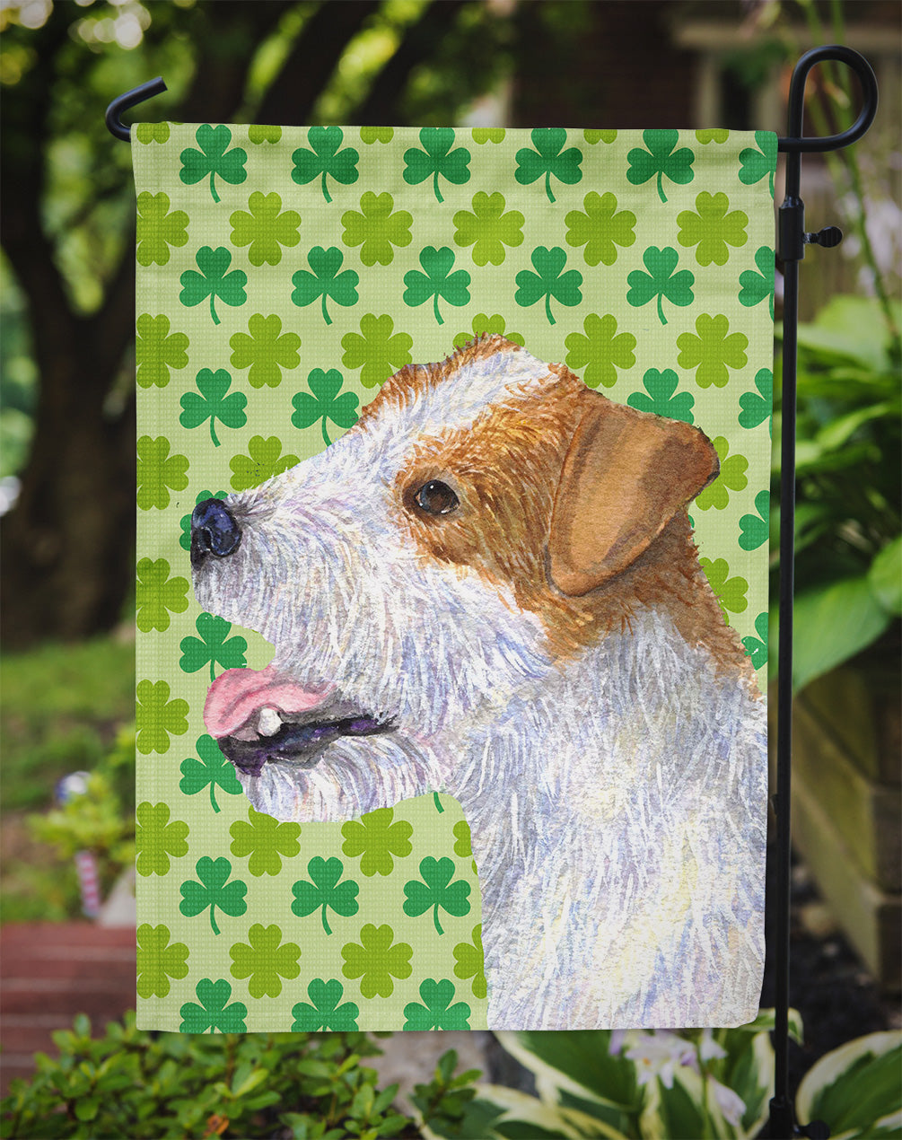 Jack Russell Terrier St. Patrick's Day Shamrock Portrait Flag Garden Size.