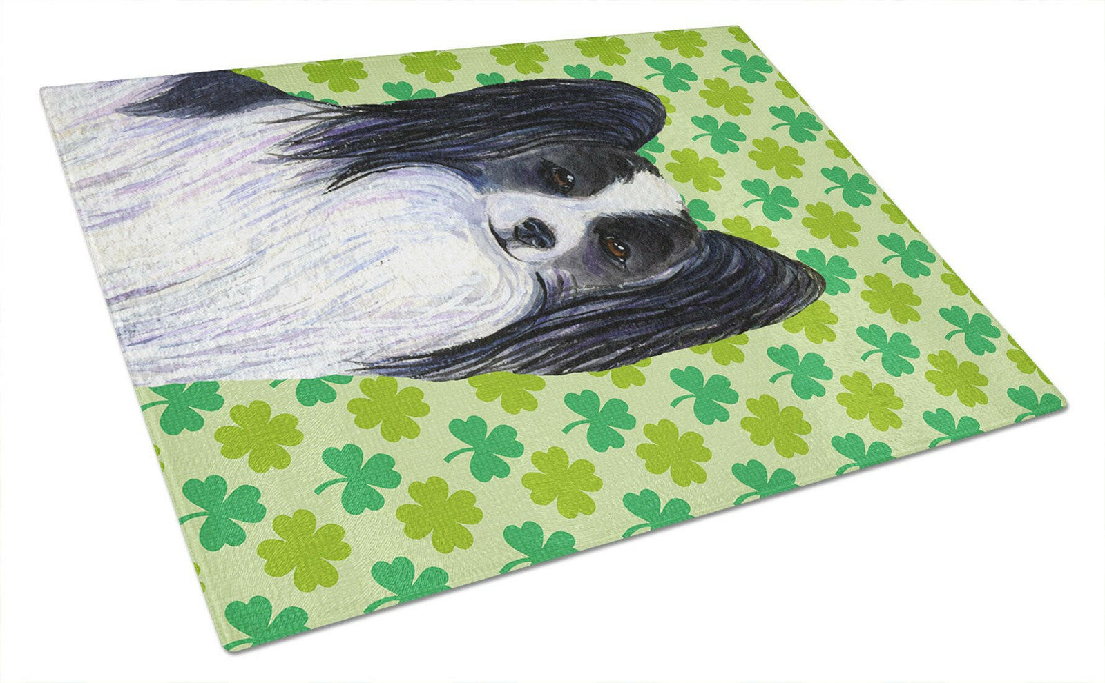 Papillon St. Patrick's Day Shamrock Portrait Glass Cutting Board Large by Caroline's Treasures