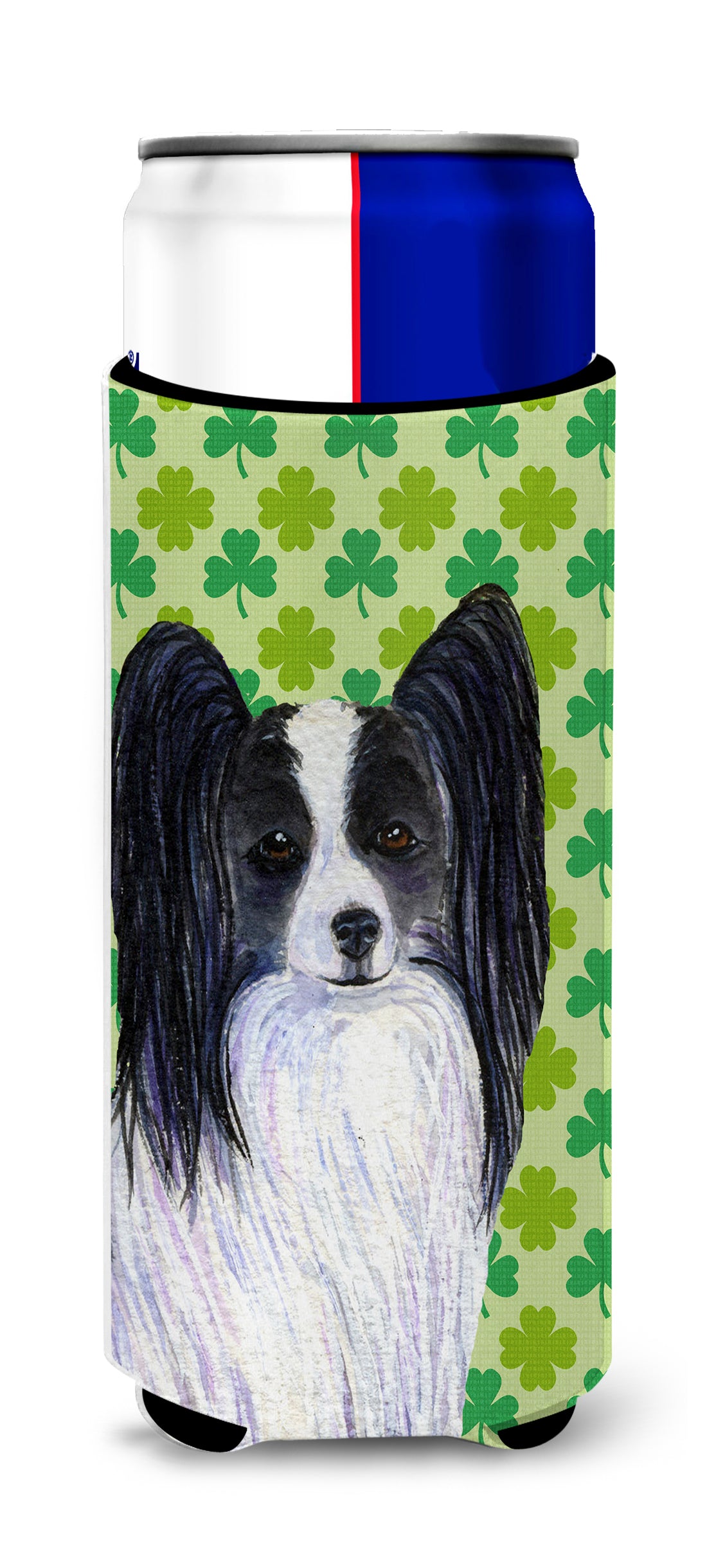 Papillon St. Patrick's Day Shamrock Portrait Ultra Beverage Insulators for slim cans SS4436MUK.