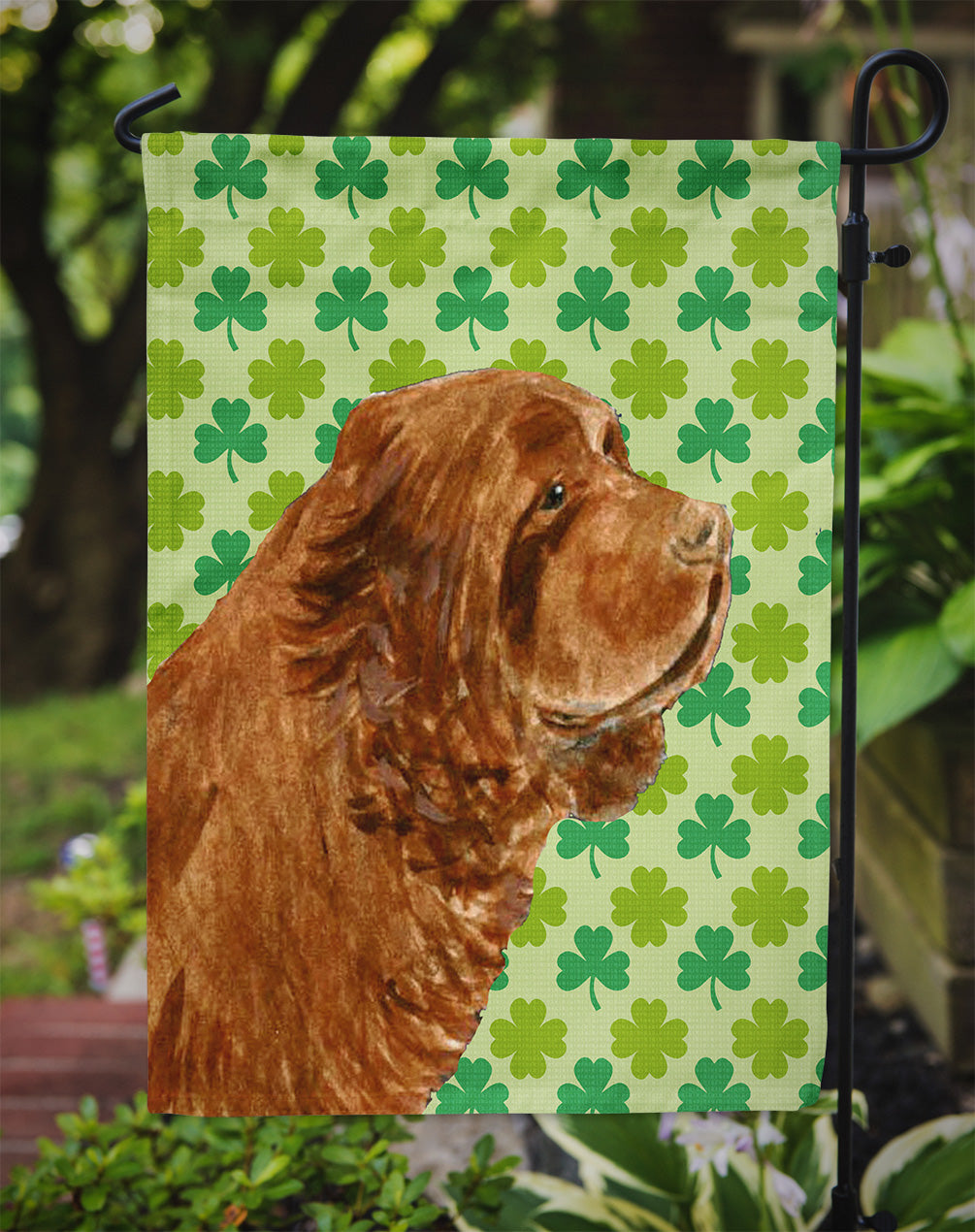 Sussex Spaniel St. Patrick's Day Shamrock Portrait Flag Garden Size.