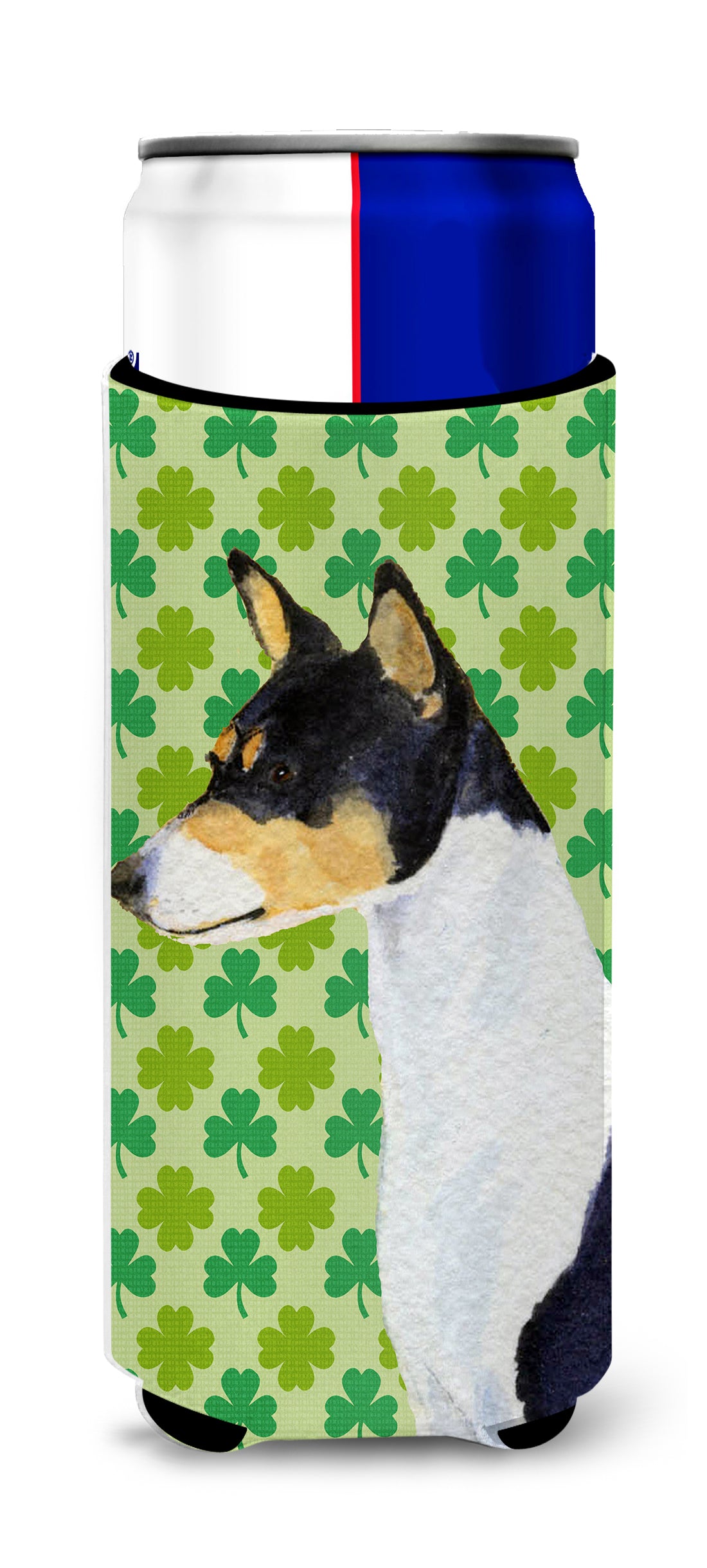 Basenji St. Patrick&#39;s Day Shamrock Portrait Ultra Beverage Insulators for slim cans SS4445MUK.