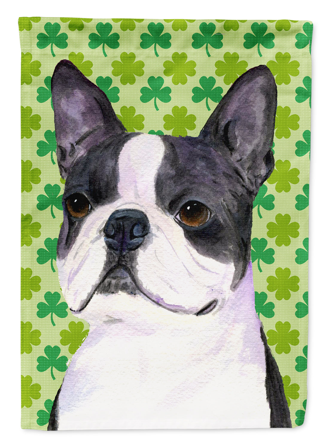 Boston Terrier St. Patrick&#39;s Day Shamrock Portrait Flag Garden Size.