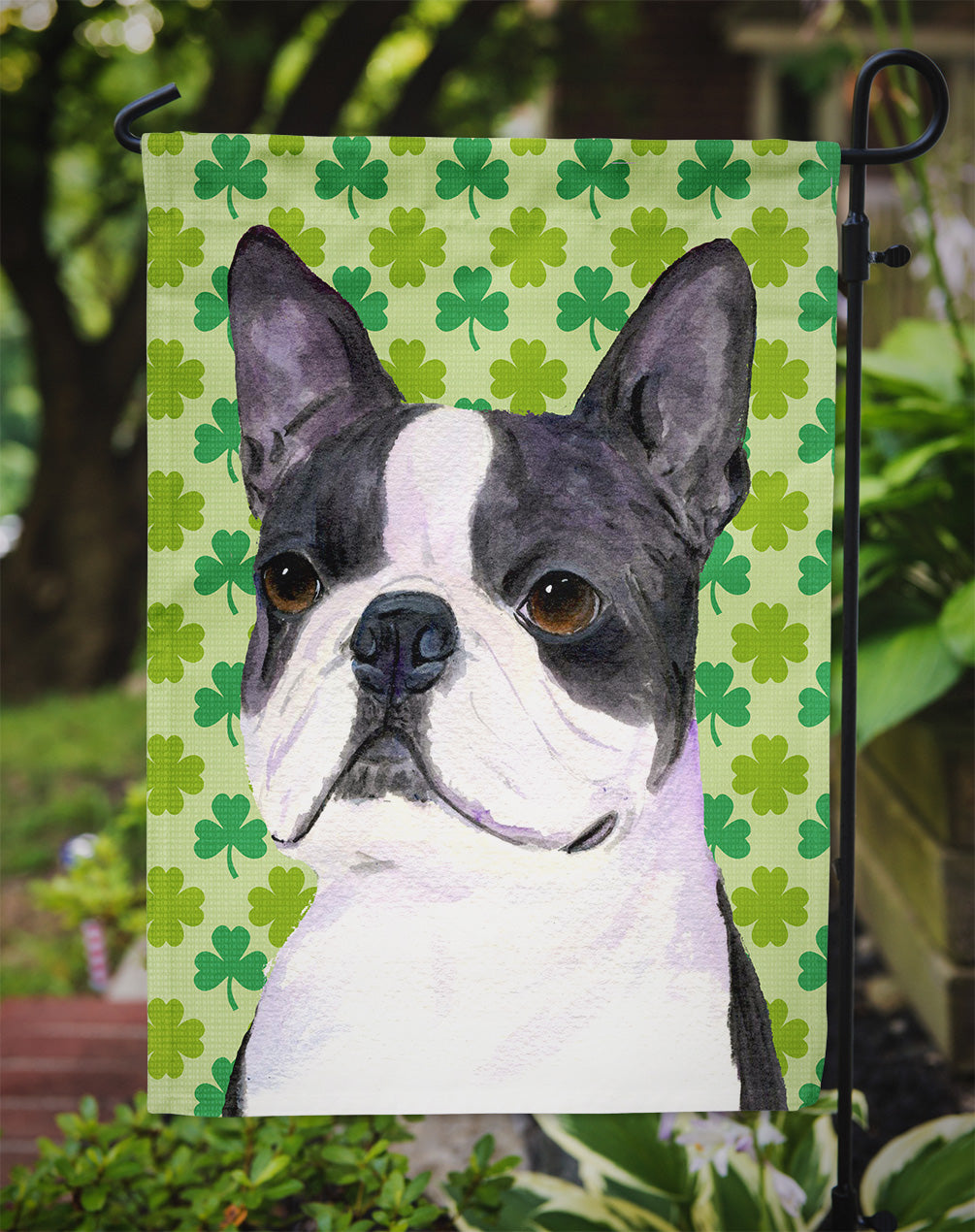 Boston Terrier St. Patrick's Day Shamrock Portrait Flag Garden Size.