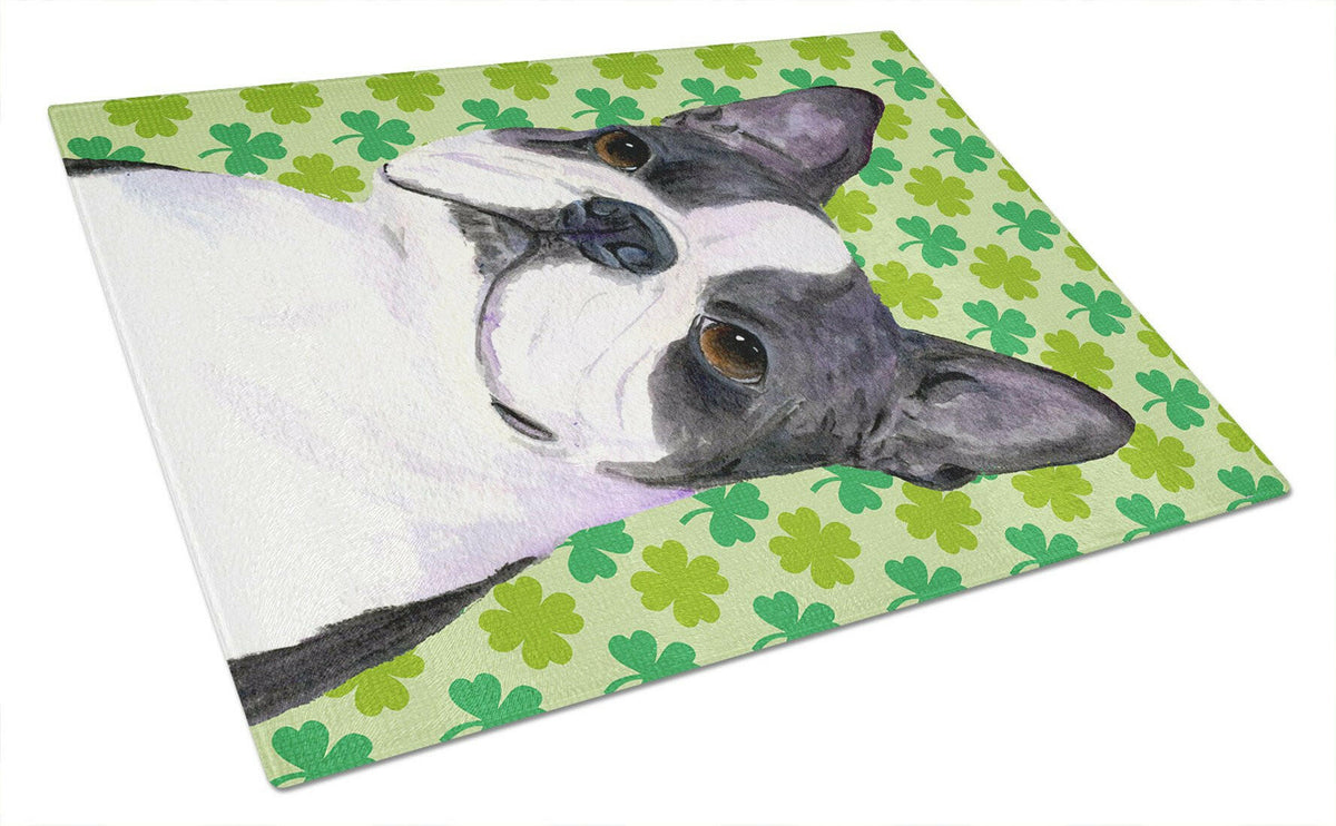 Boston Terrier St. Patrick&#39;s Day Shamrock Portrait Glass Cutting Board Large by Caroline&#39;s Treasures