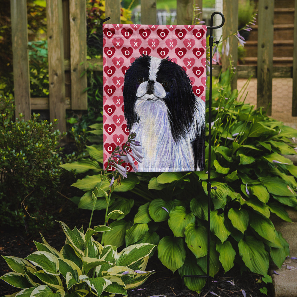 Japanese Chin Hearts Love and Valentine's Day Portrait Flag Garden Size.