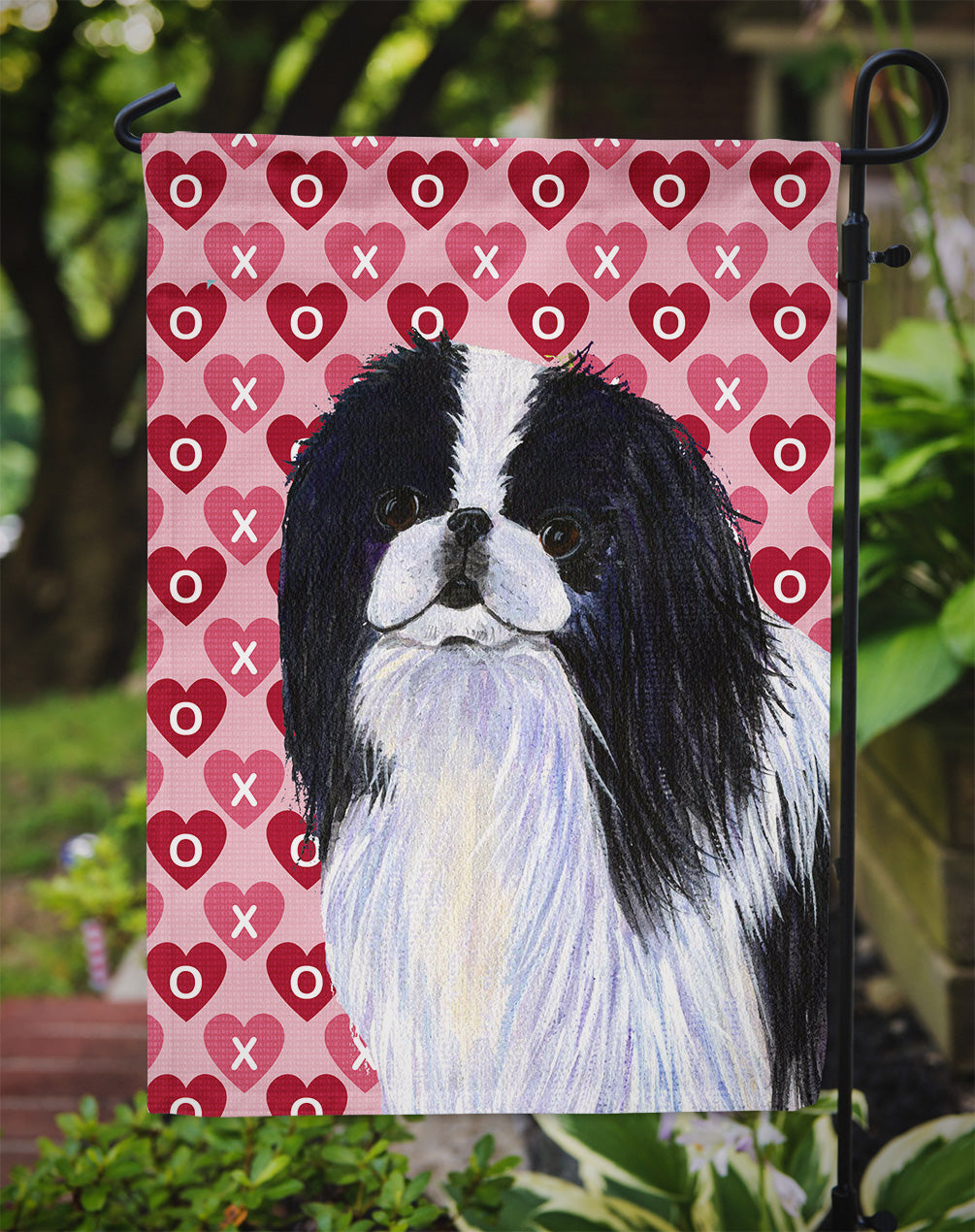 Japanese Chin Hearts Love and Valentine's Day Portrait Flag Garden Size.