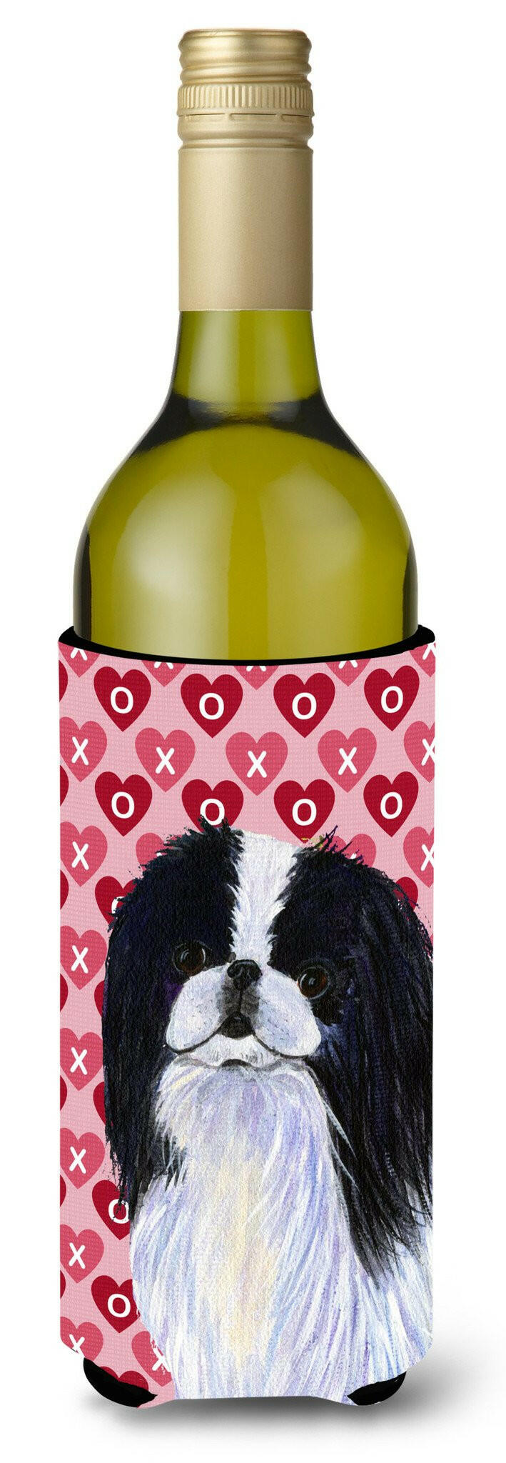 Japanese Chin Hearts Love Valentine&#39;s Day Portrait Wine Bottle Beverage Insulator Beverage Insulator Hugger by Caroline&#39;s Treasures