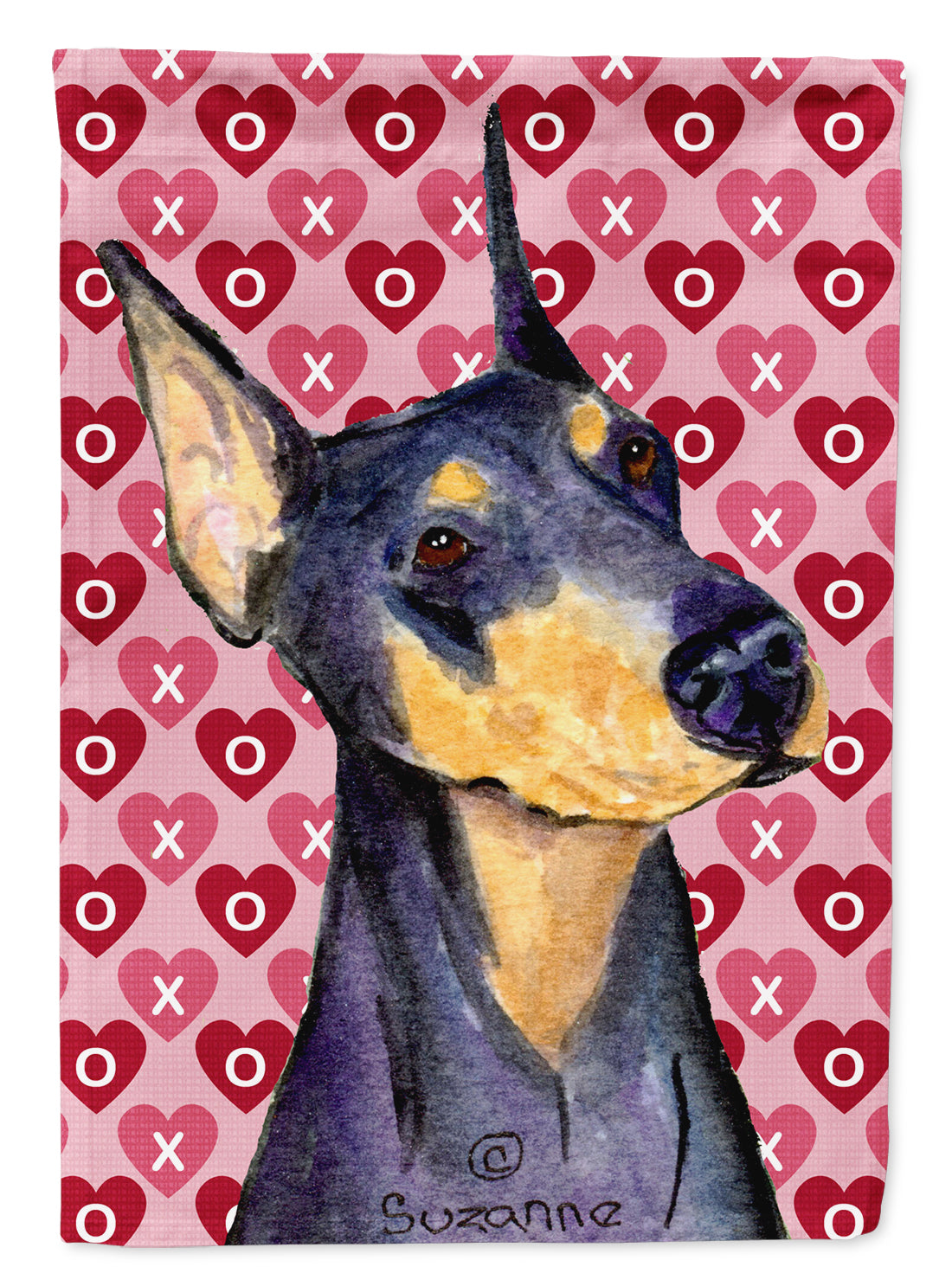 Doberman Hearts Love and Valentine's Day Portrait Flag Garden Size.