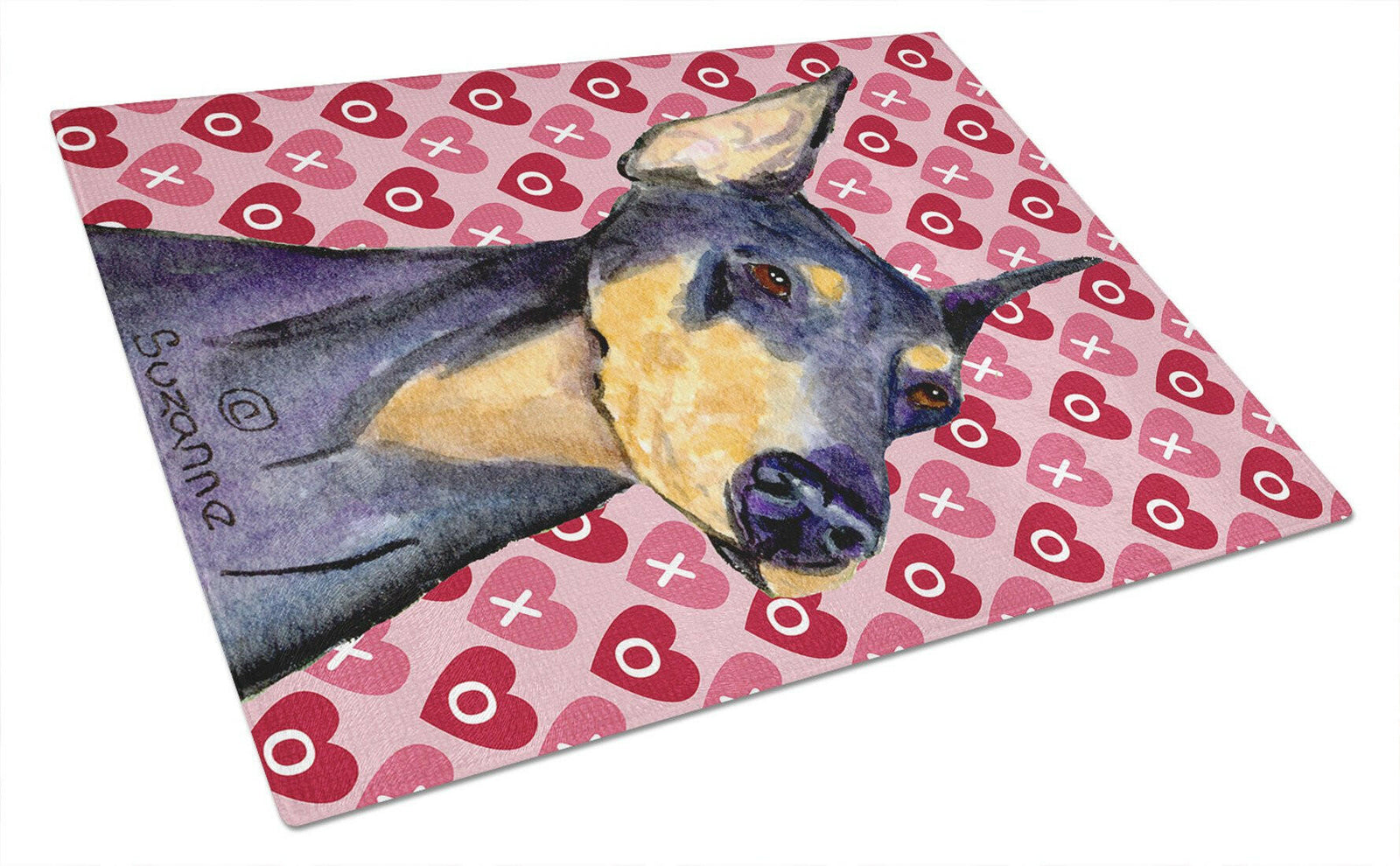 Doberman Hearts Love and Valentine's Day Portrait Glass Cutting Board Large by Caroline's Treasures