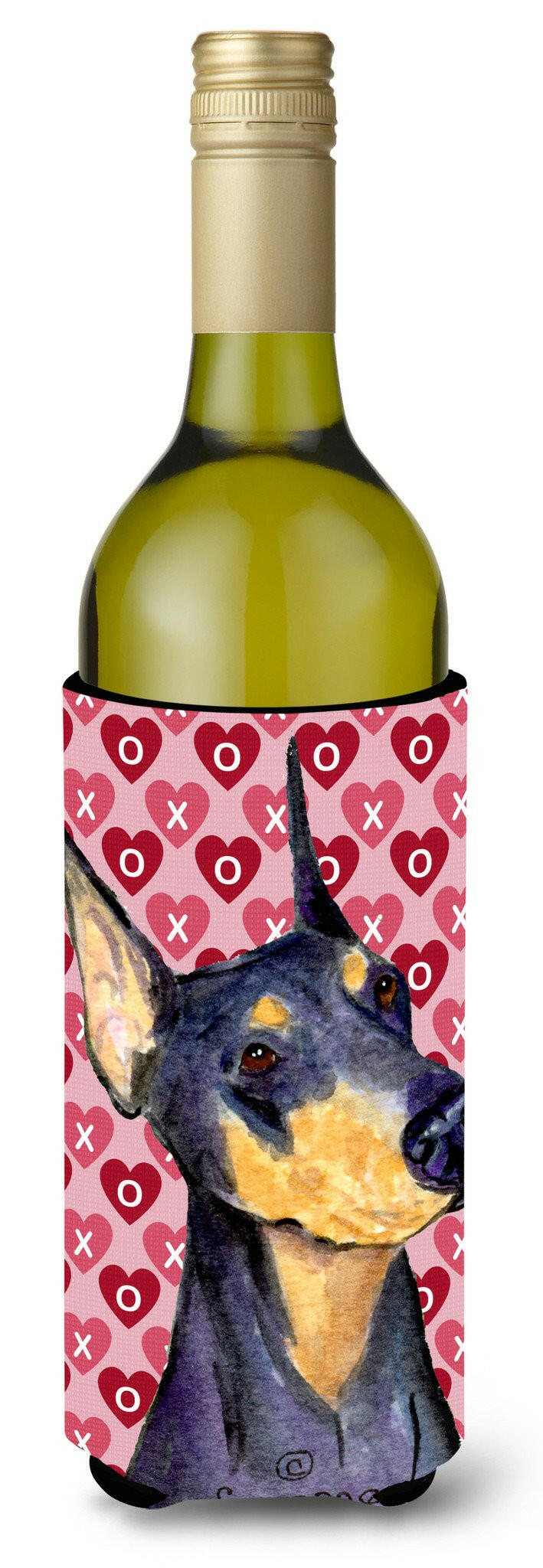 Doberman Hearts Love and Valentine's Day Portrait Wine Bottle Beverage Insulator Beverage Insulator Hugger by Caroline's Treasures