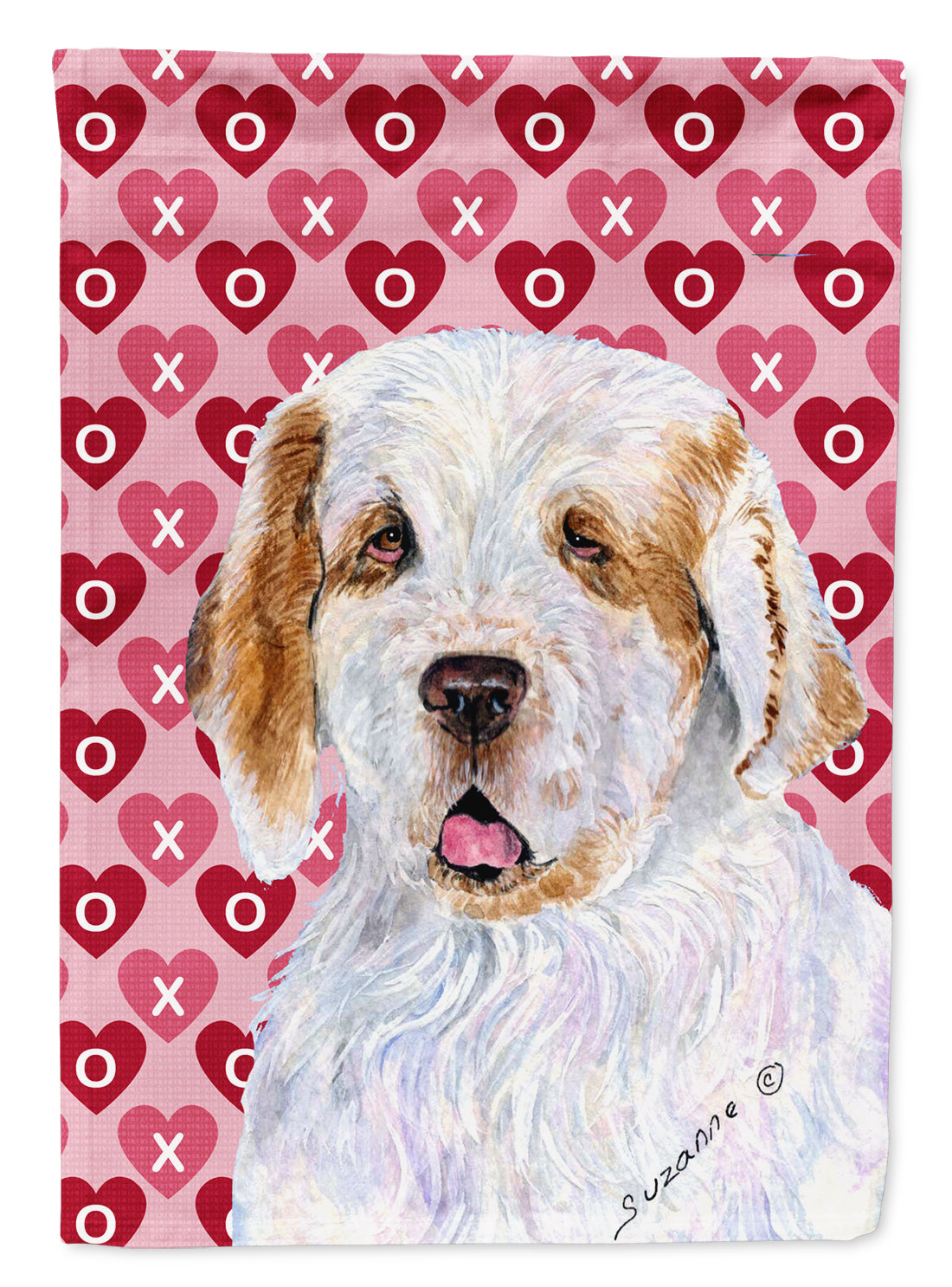 Clumber Spaniel Hearts Love and Valentine's Day Portrait Flag Canvas House Size  the-store.com.