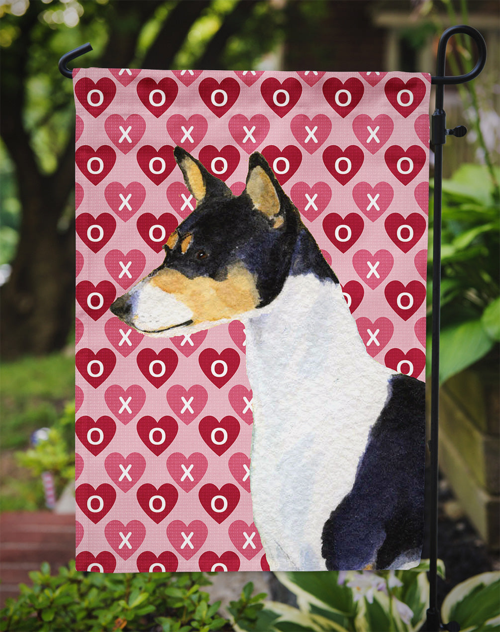 Basenji Hearts Love and Valentine's Day Portrait Flag Garden Size.