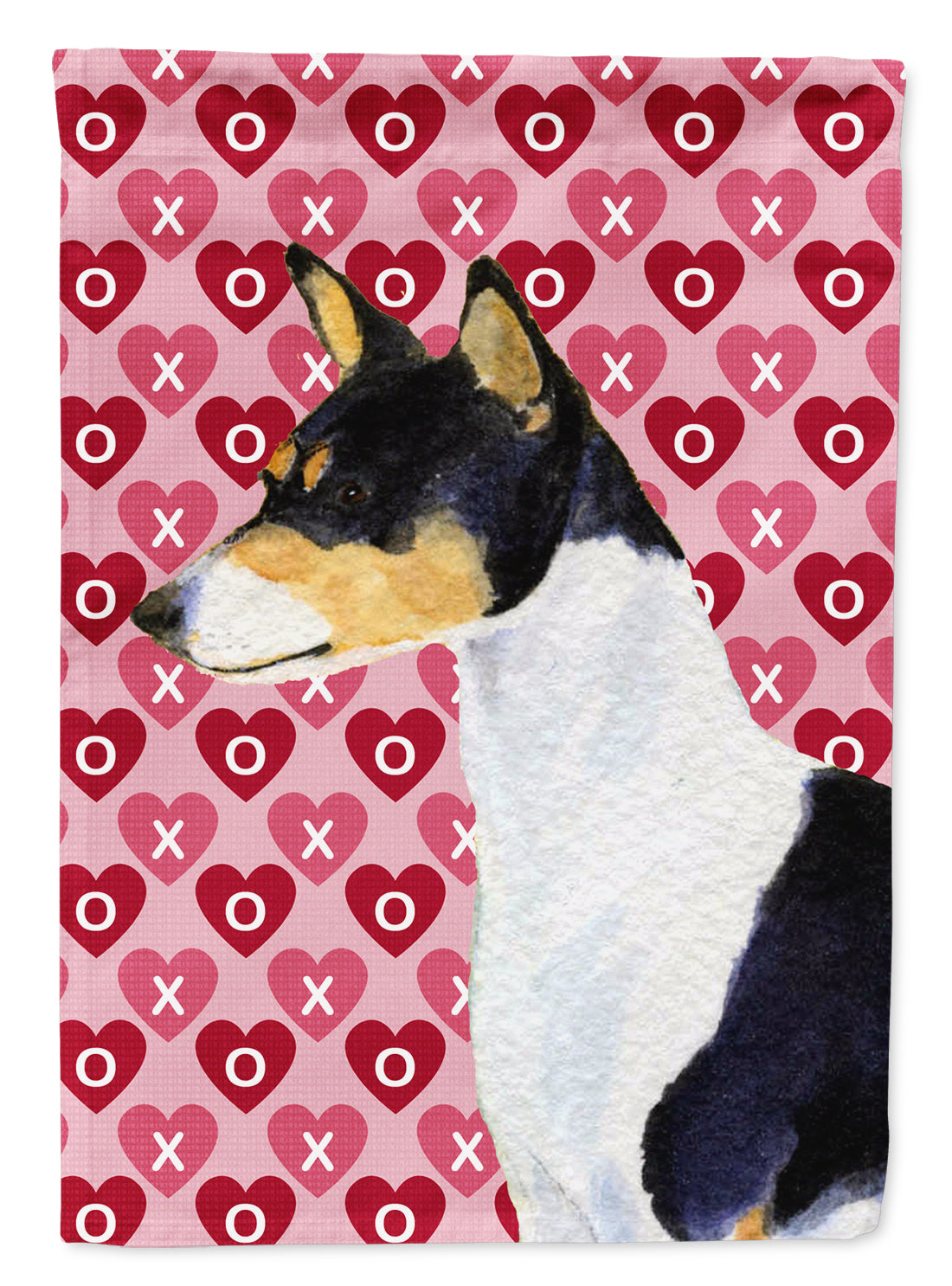 Basenji Hearts Love and Valentine's Day Portrait Flag Garden Size.