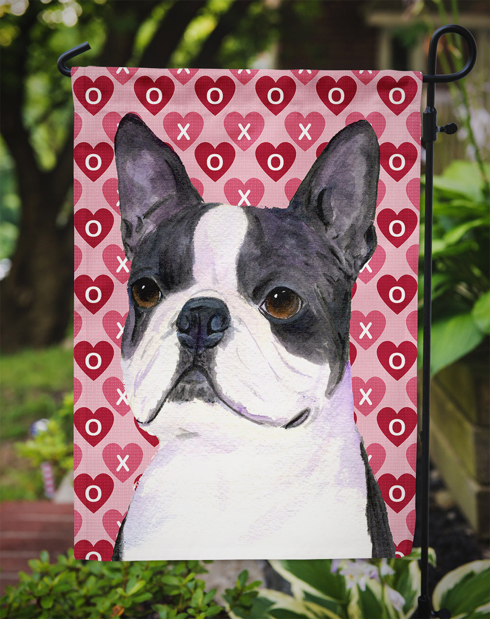 Boston Terrier Hearts Love Valentine's Day Flag Garden Size.