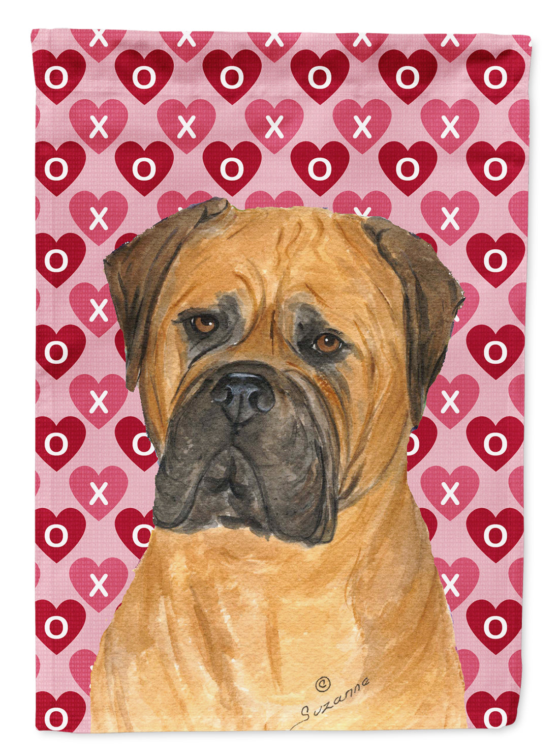 Bullmastiff Hearts Love and Valentine's Day Portrait Flag Garden Size.