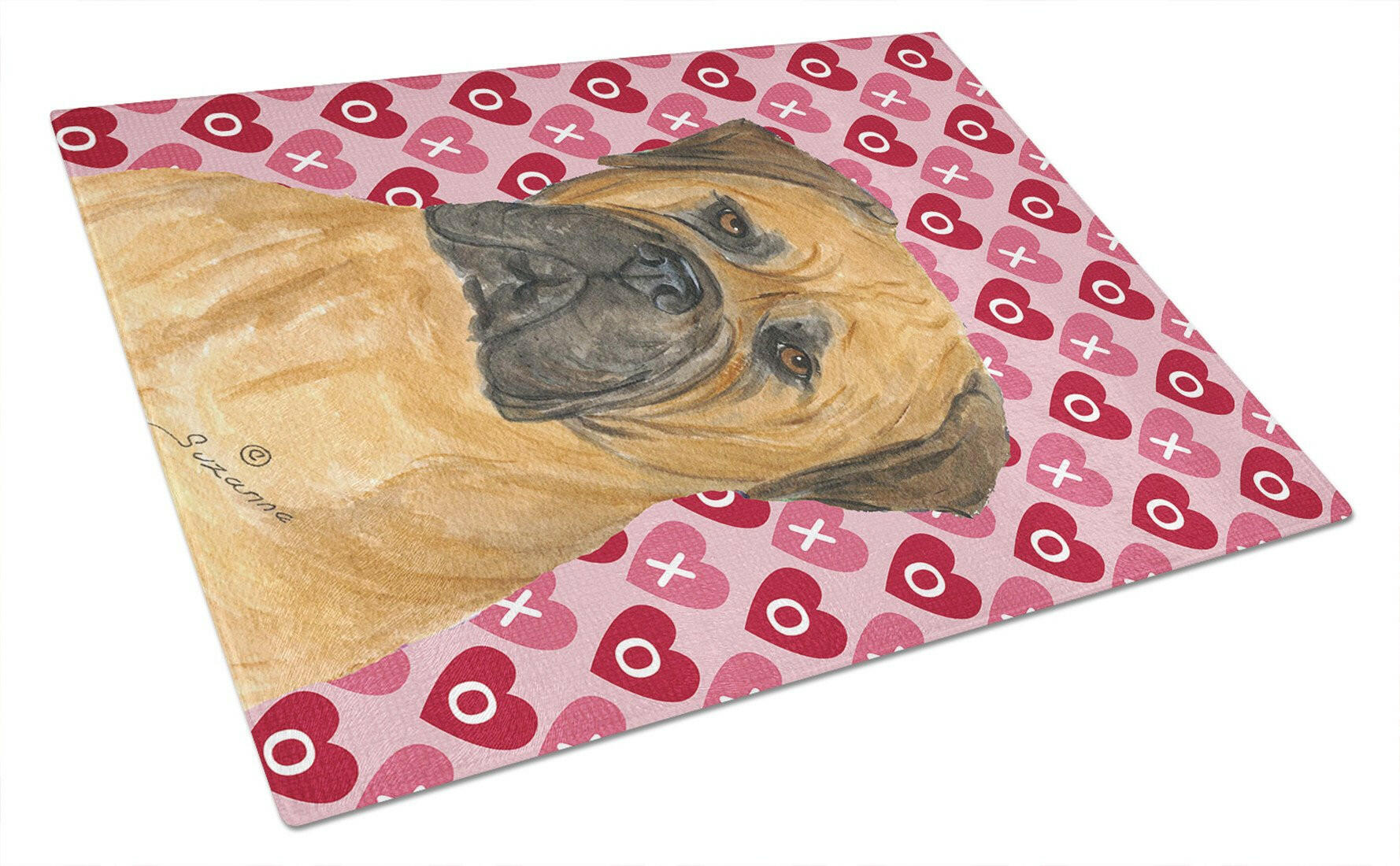 Bullmastiff Hearts Love and Valentine's Day Portrait Glass Cutting Board Large by Caroline's Treasures