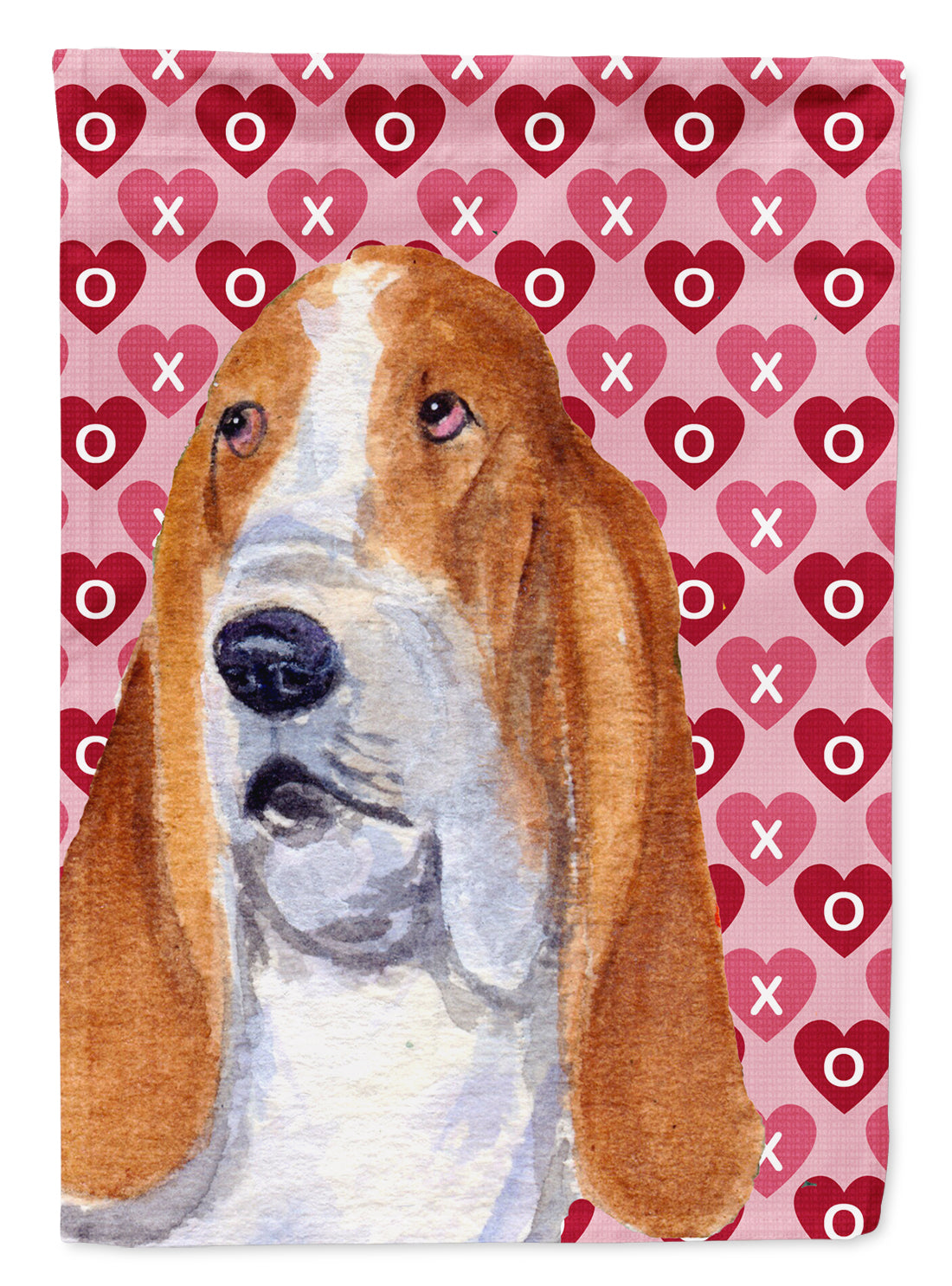 Basset Hound Hearts Love and Valentine's Day Portrait Flag Canvas House Size  the-store.com.