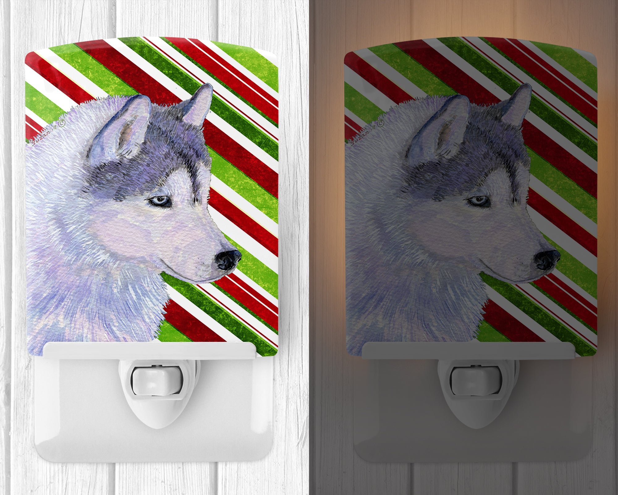 Siberian Husky Candy Cane Holiday Christmas Ceramic Night Light SS4533CNL - the-store.com