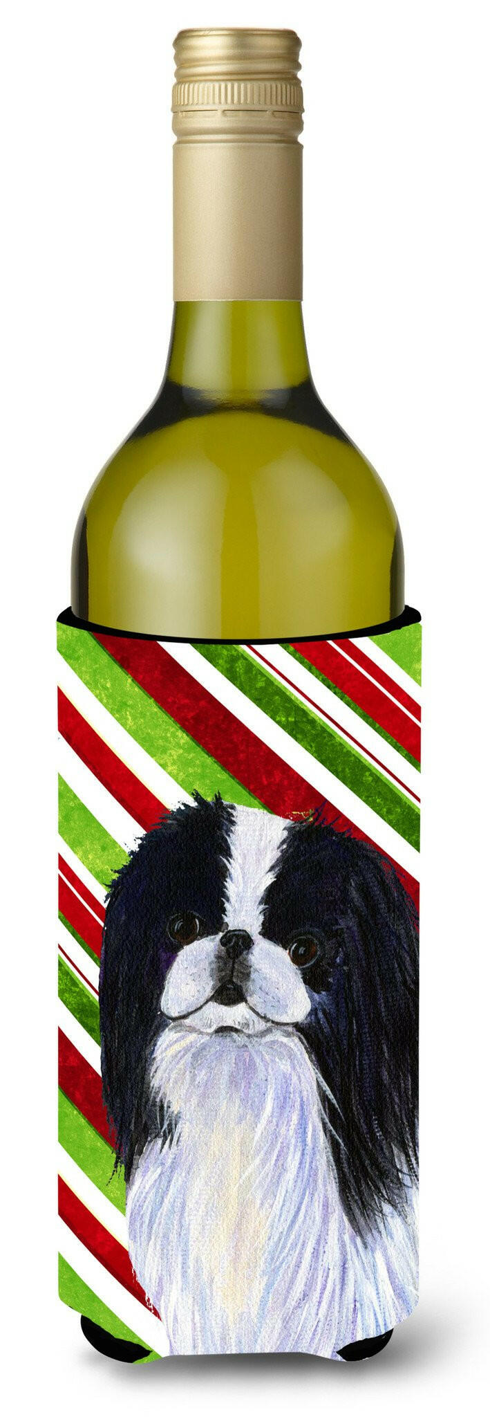 Japanese Chin Candy Cane Holiday Christmas Wine Bottle Beverage Insulator Beverage Insulator Hugger by Caroline's Treasures