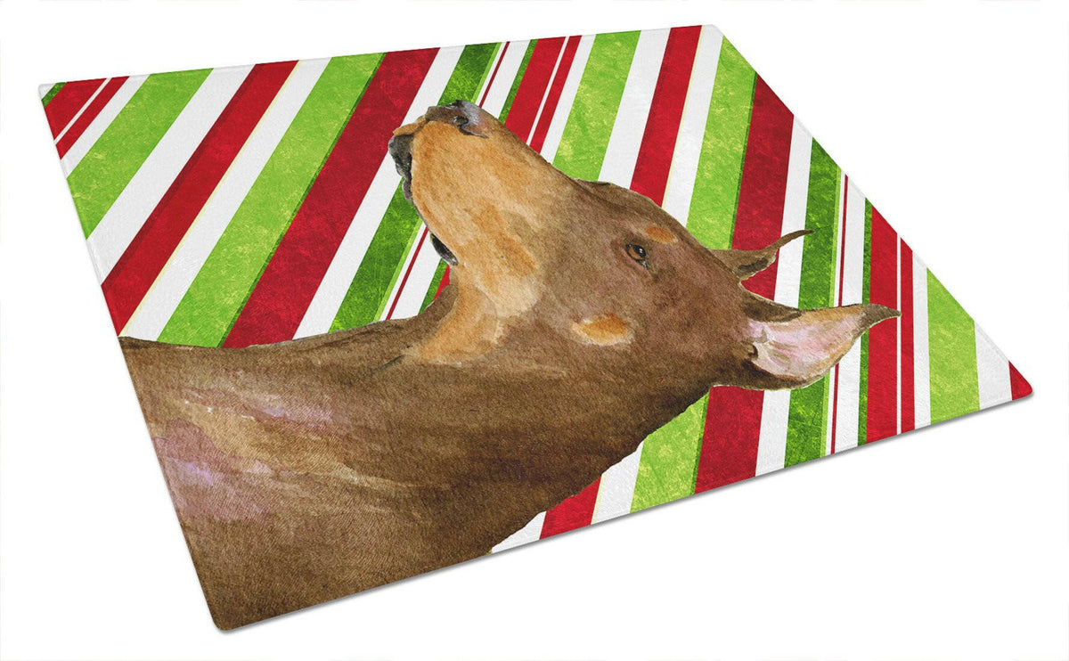 Doberman Candy Cane Holiday Christmas Glass Cutting Board Large by Caroline&#39;s Treasures