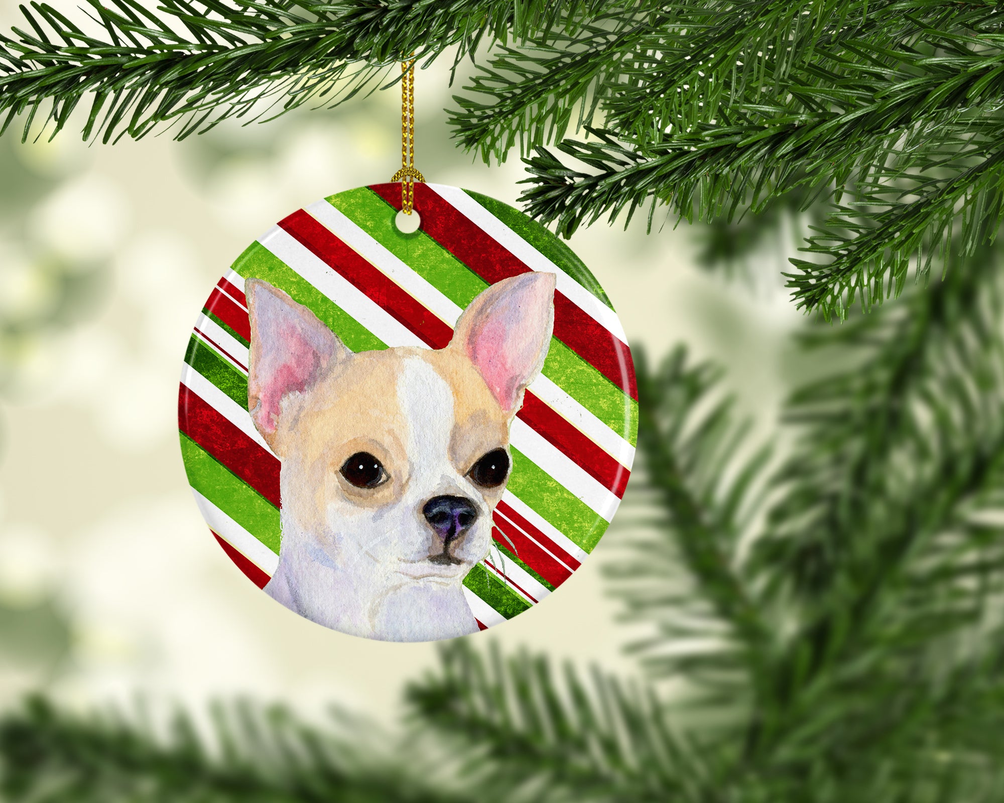 Chihuahua Candy Cane Holiday Christmas Ceramic Ornament SS4543 - the-store.com