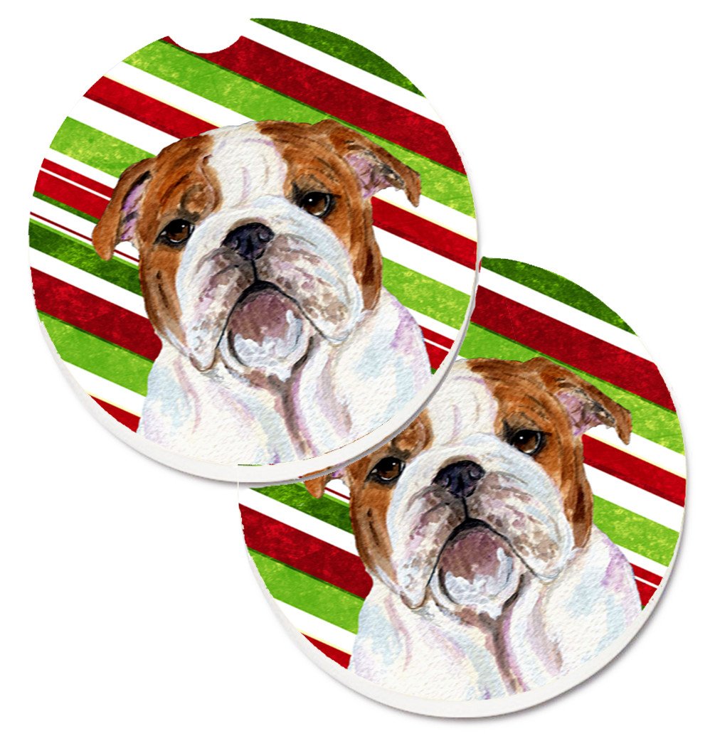 Bulldog English Candy Cane Holiday Christmas Set of 2 Cup Holder Car Coasters SS4553CARC by Caroline's Treasures