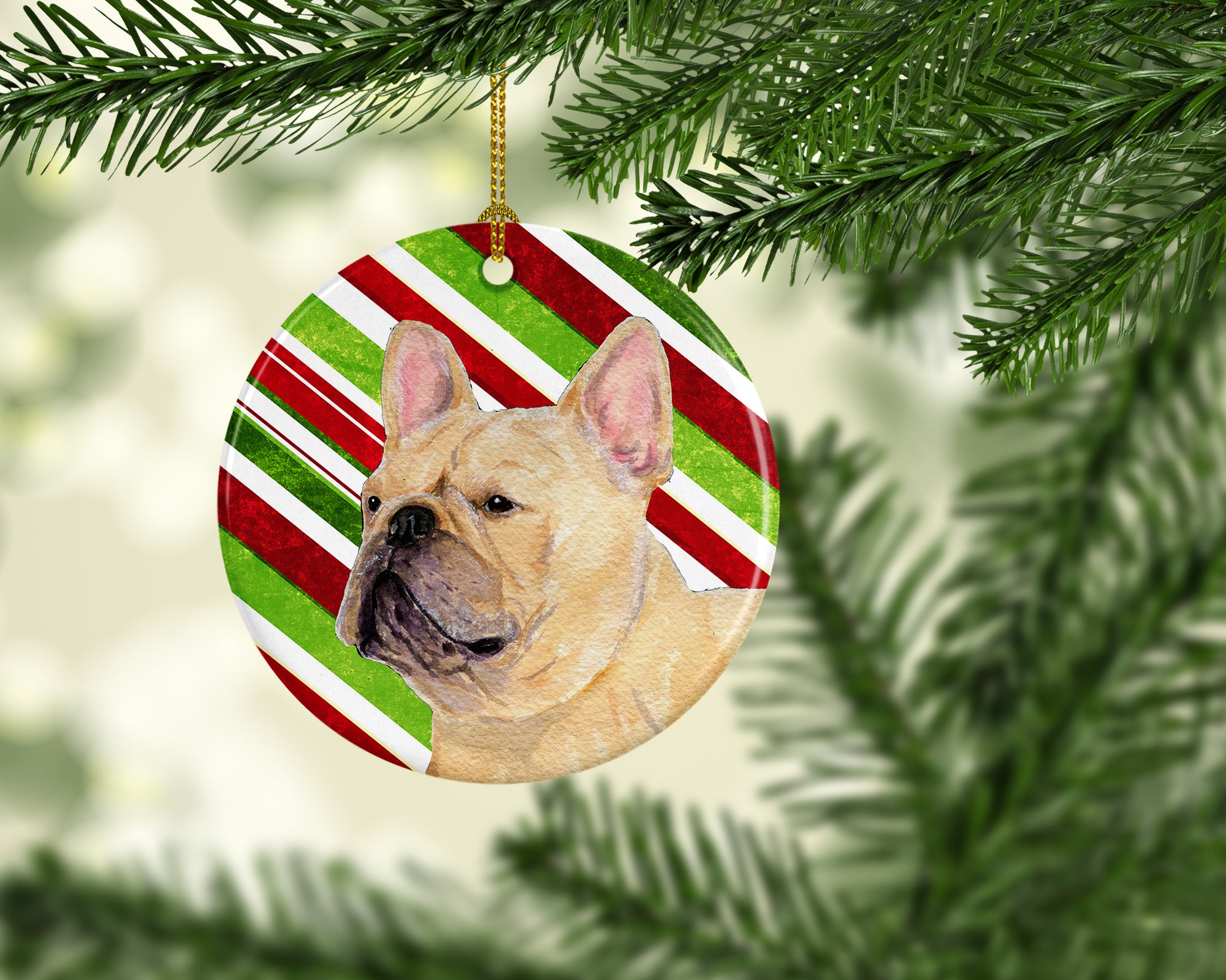 French Bulldog Candy Cane Holiday Christmas Ceramic Ornament SS4554 - the-store.com