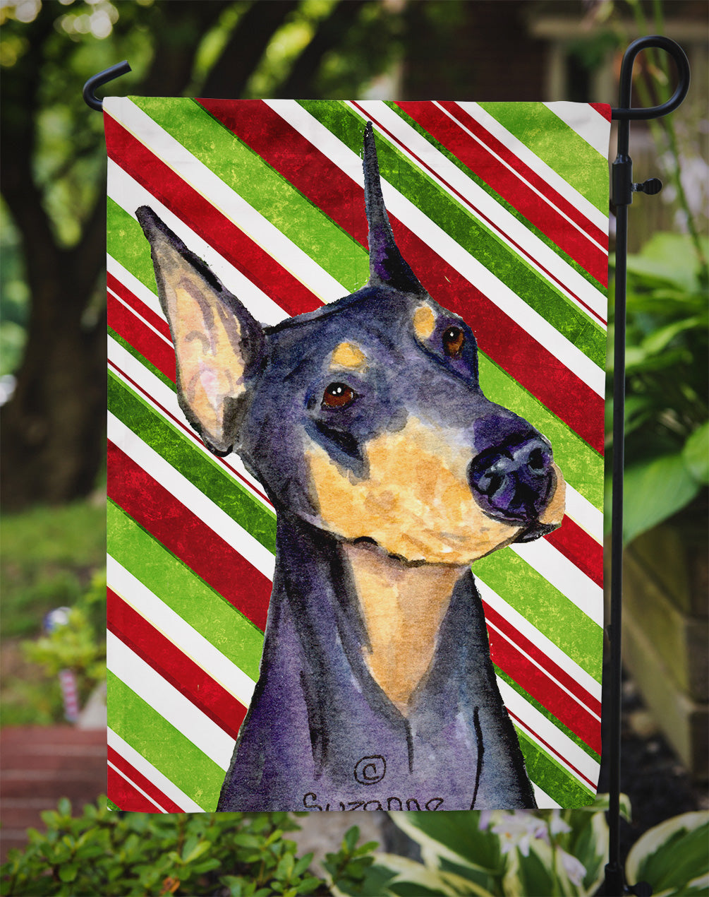 Doberman Candy Cane Holiday Christmas Flag Garden Size.