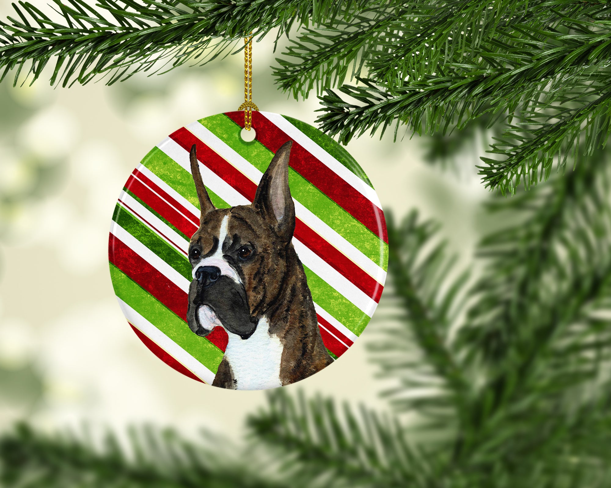 Boxer Candy Cane Holiday Christmas Ceramic Ornament SS4577 - the-store.com