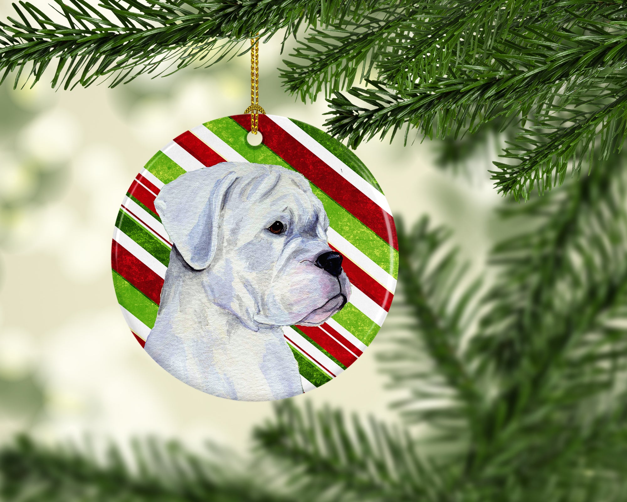 Boxer Candy Cane Holiday Christmas Ceramic Ornament SS4578 - the-store.com