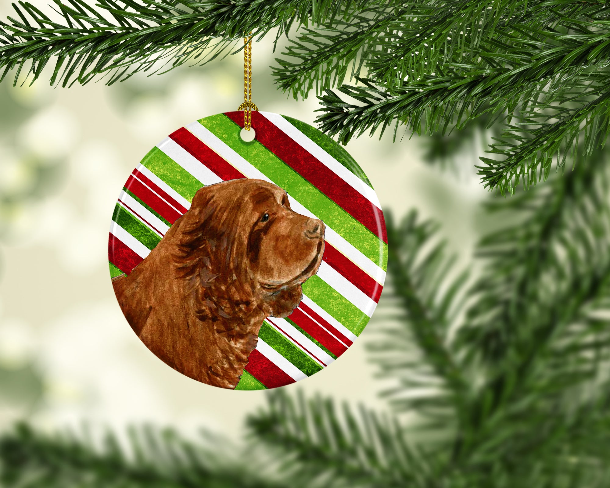 Sussex Spaniel Candy Cane Holiday Christmas Ceramic Ornament SS4579 - the-store.com