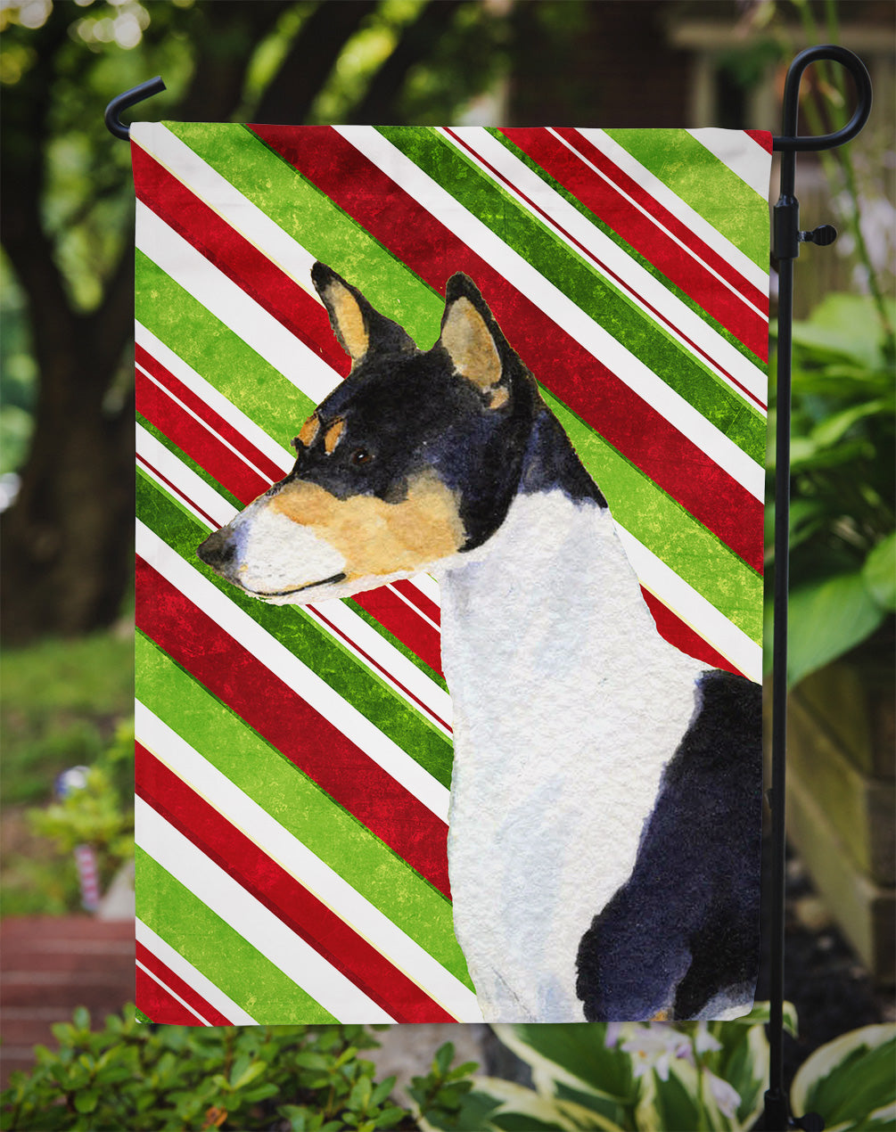 Basenji Candy Cane Holiday Christmas Flag Garden Size.