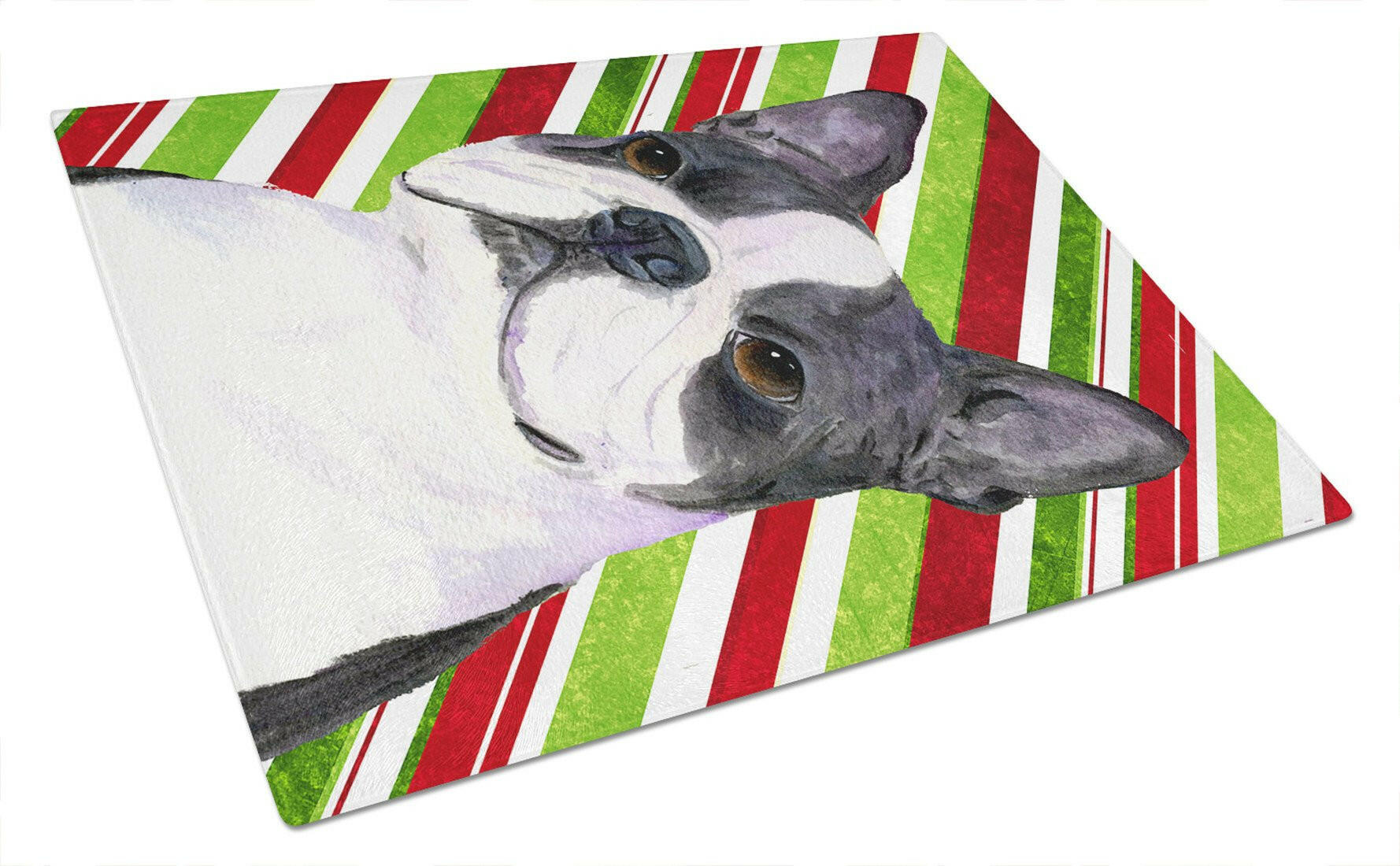 Boston Terrier Candy Cane Holiday Christmas Glass Cutting Board Large by Caroline's Treasures