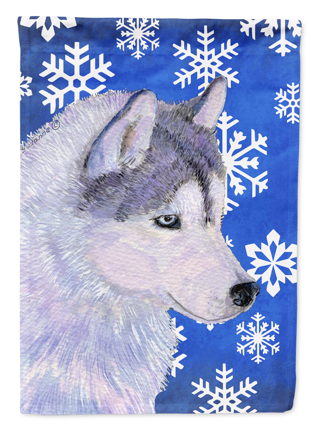 Siberian Husky Winter Snowflakes Holiday Flag Canvas House Size  the-store.com.