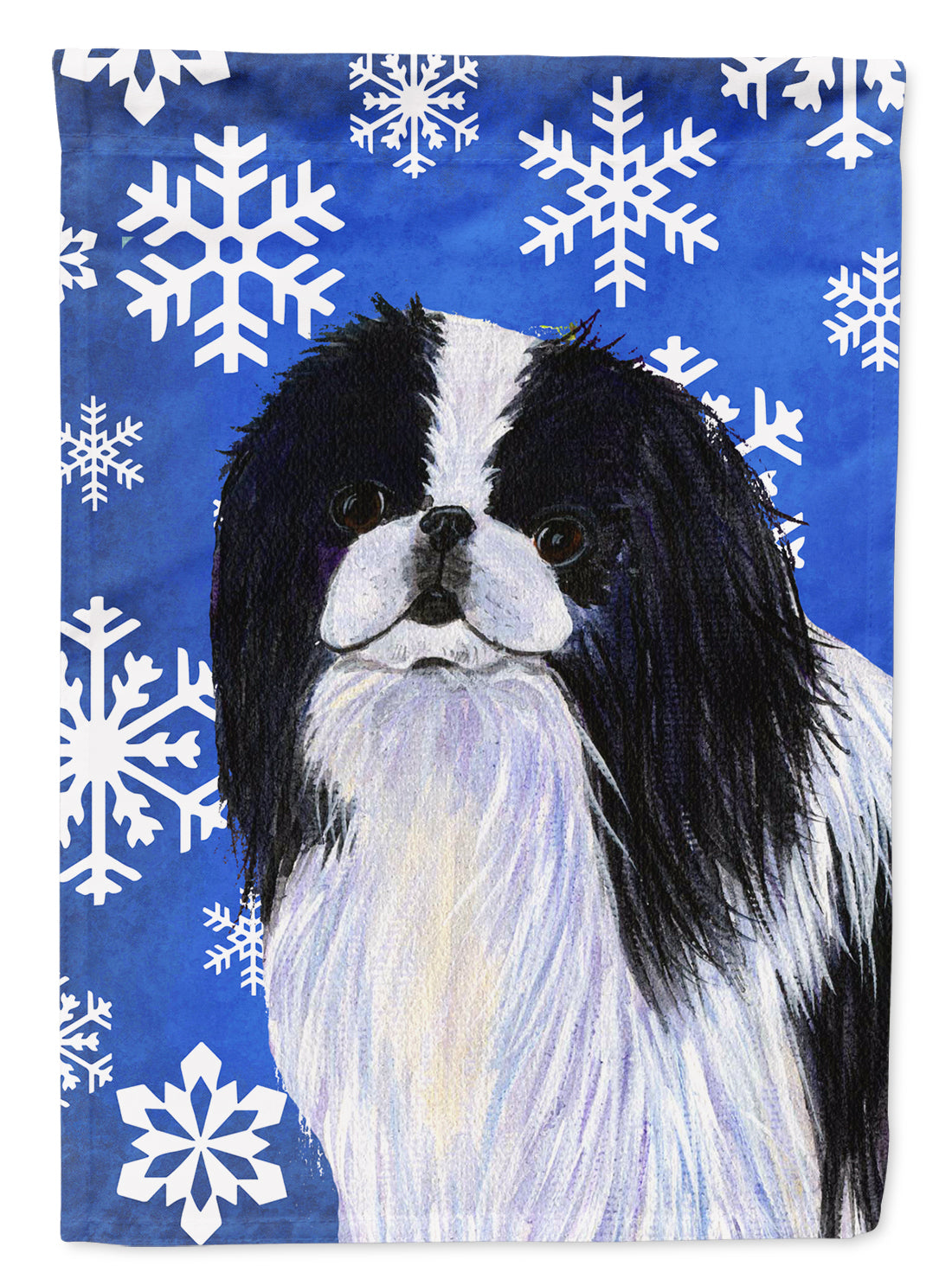 Japanese Chin Winter Snowflakes Holiday Flag Garden Size.