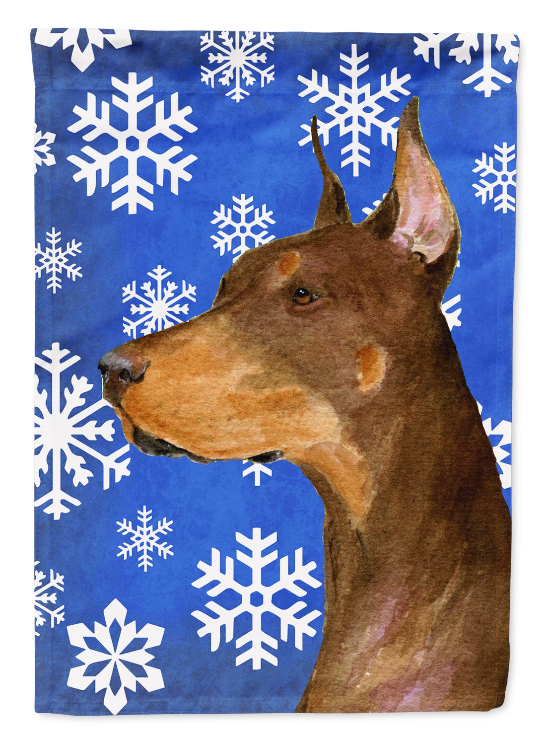 Doberman Winter Snowflakes Holiday Flag Canvas House Size  the-store.com.