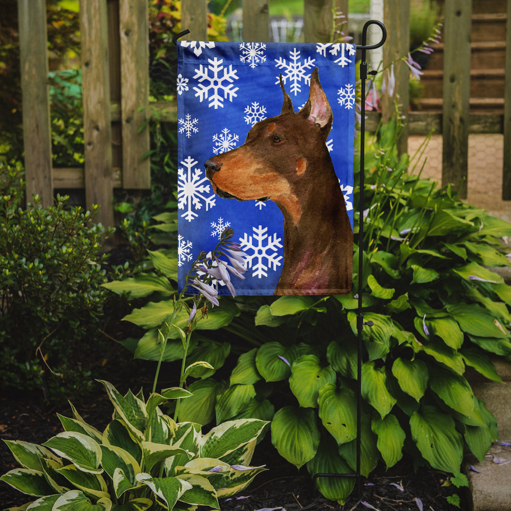 Doberman Winter Snowflakes Holiday Flag Garden Size.