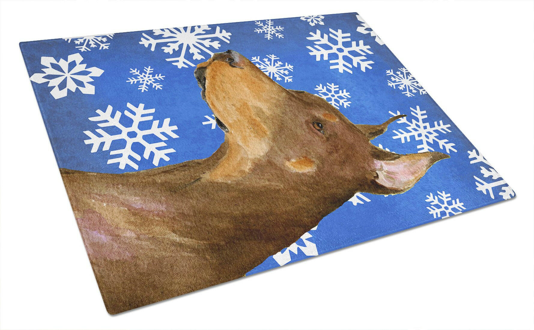 Doberman Winter Snowflakes Holiday Glass Cutting Board Large by Caroline's Treasures