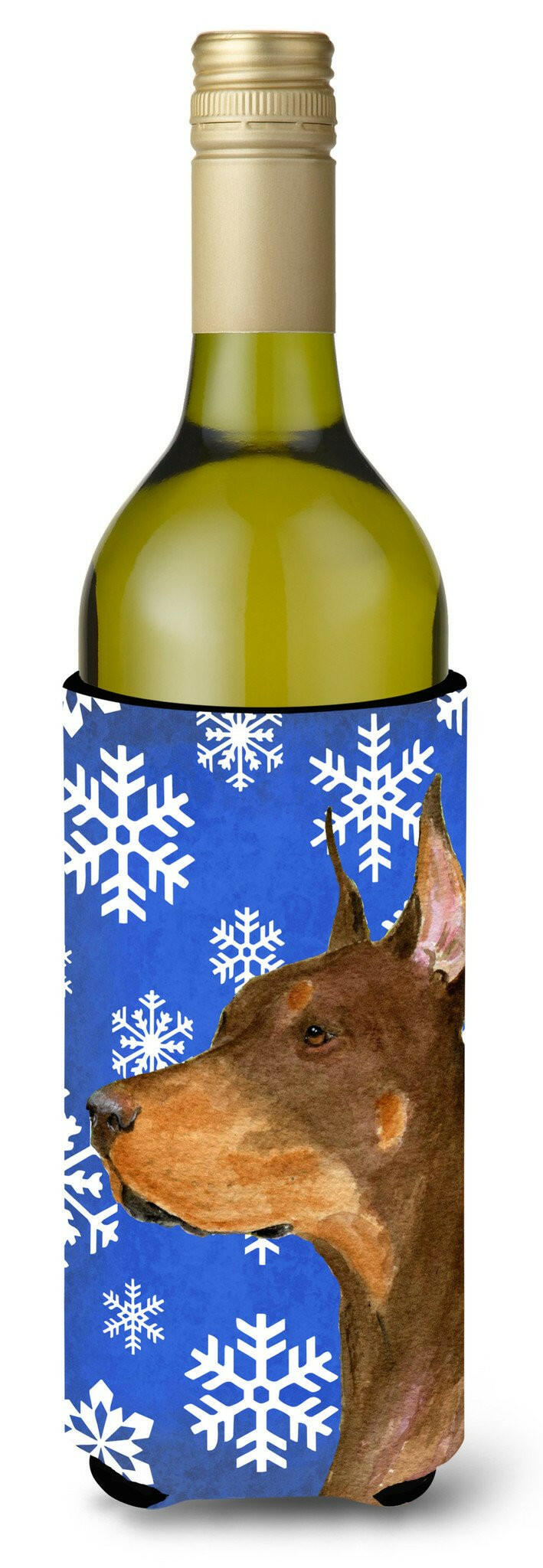 Doberman Winter Snowflakes Holiday Wine Bottle Beverage Insulator Beverage Insulator Hugger SS4606LITERK by Caroline&#39;s Treasures
