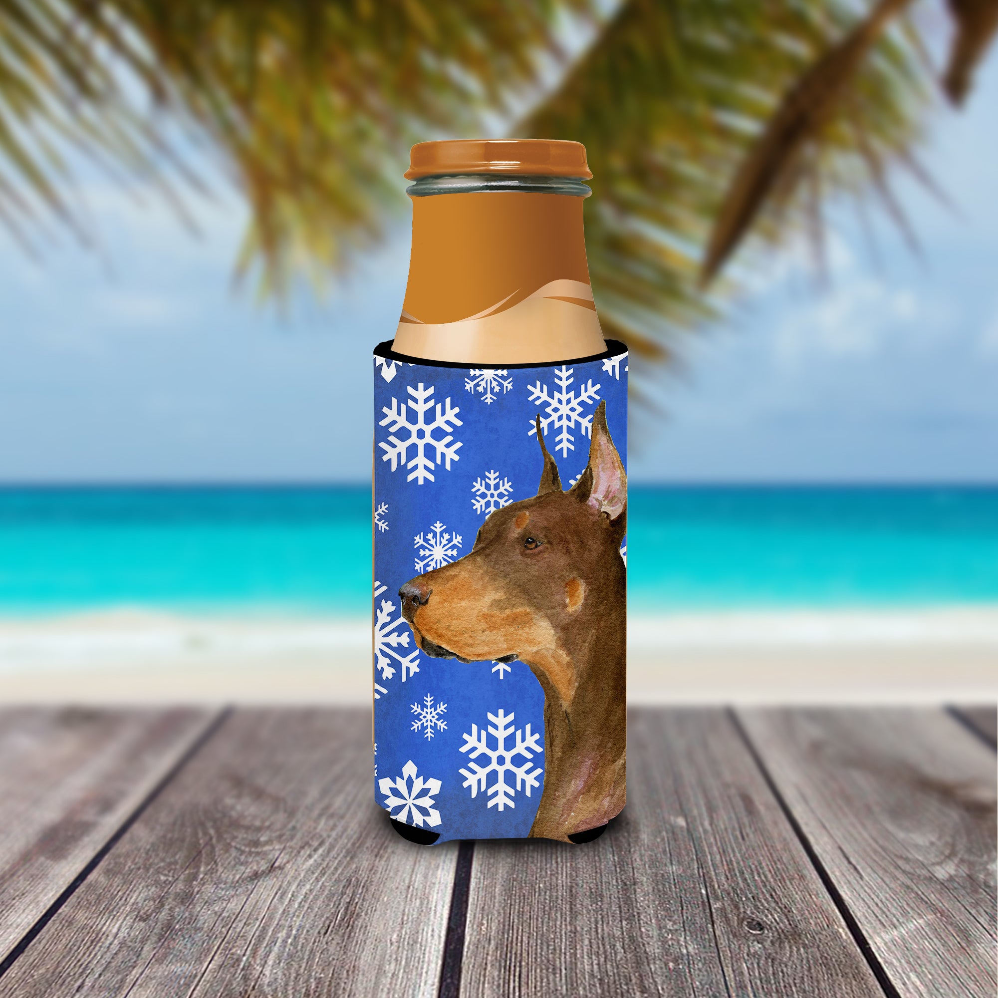 Doberman Winter Snowflakes Holiday Ultra Beverage Insulators for slim cans SS4606MUK.