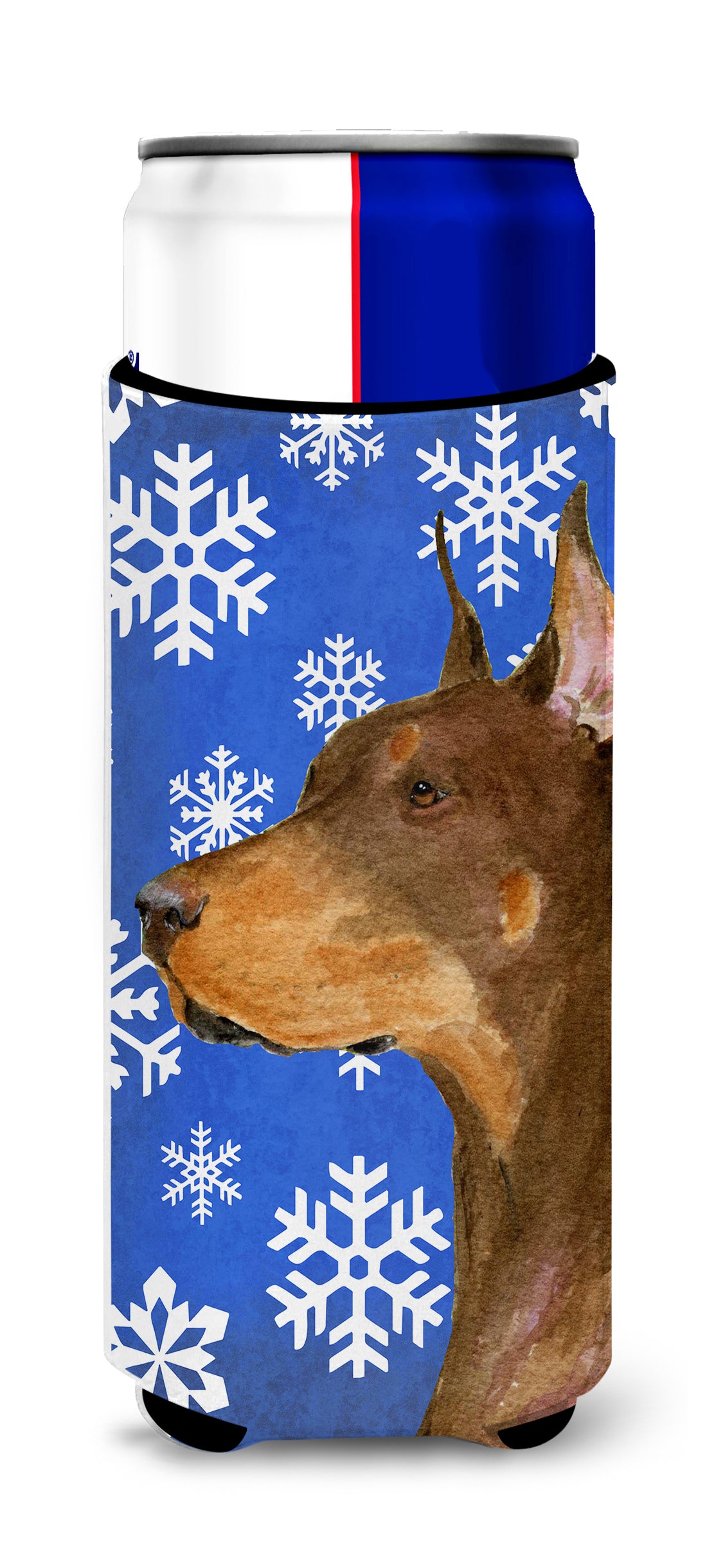 Doberman Winter Snowflakes Holiday Ultra Beverage Insulators for slim cans SS4606MUK.