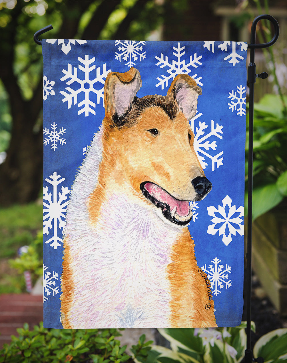 Collie Smooth Winter Snowflakes Holiday Flag Garden Size.