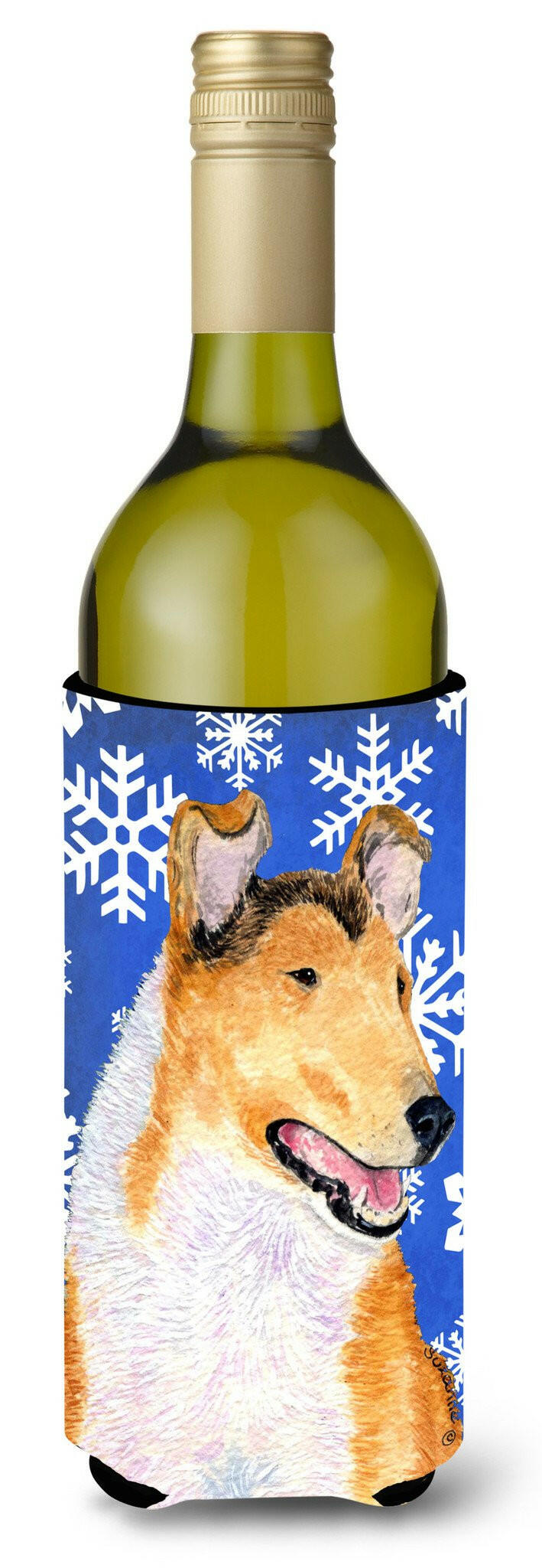 Collie Smooth Winter Snowflakes Holiday Wine Bottle Beverage Insulator Beverage Insulator Hugger by Caroline&#39;s Treasures