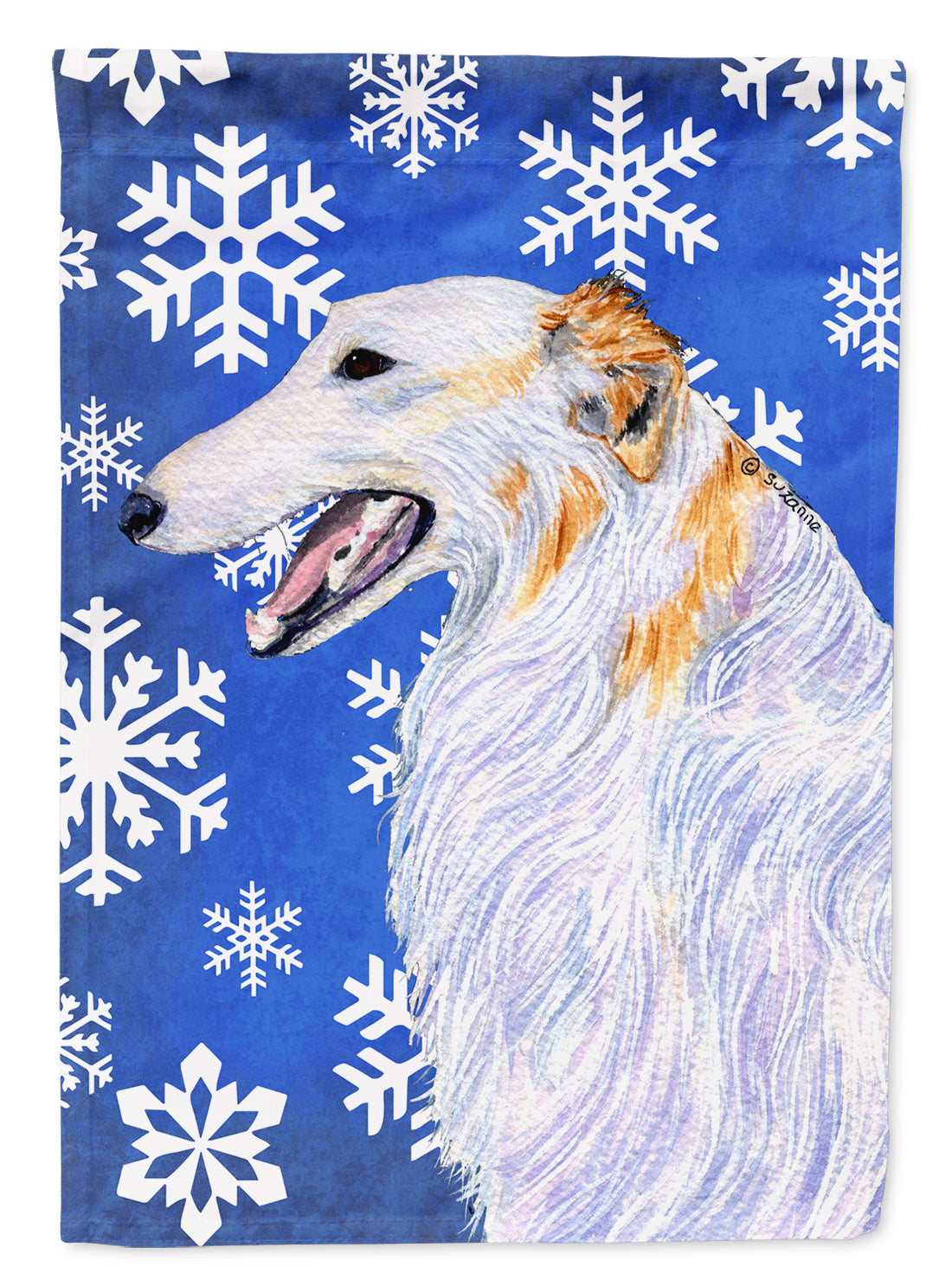 Borzoi Winter Snowflakes Holiday Flag Canvas House Size  the-store.com.