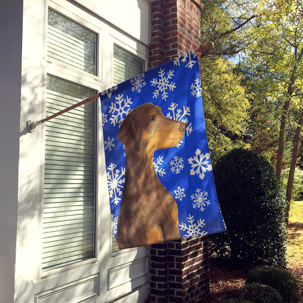 Doberman Winter Snowflakes Holiday Flag Canvas House Size  the-store.com.