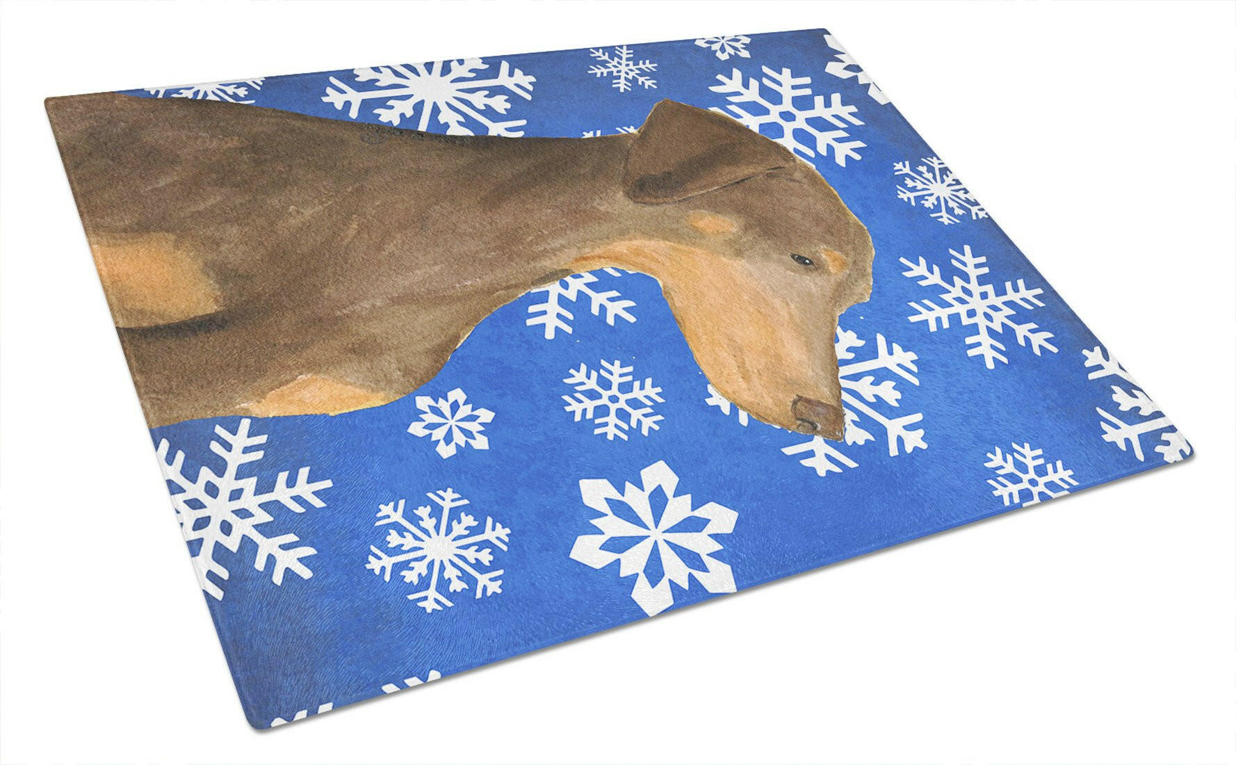 Doberman Winter Snowflakes Holiday Glass Cutting Board Large by Caroline's Treasures