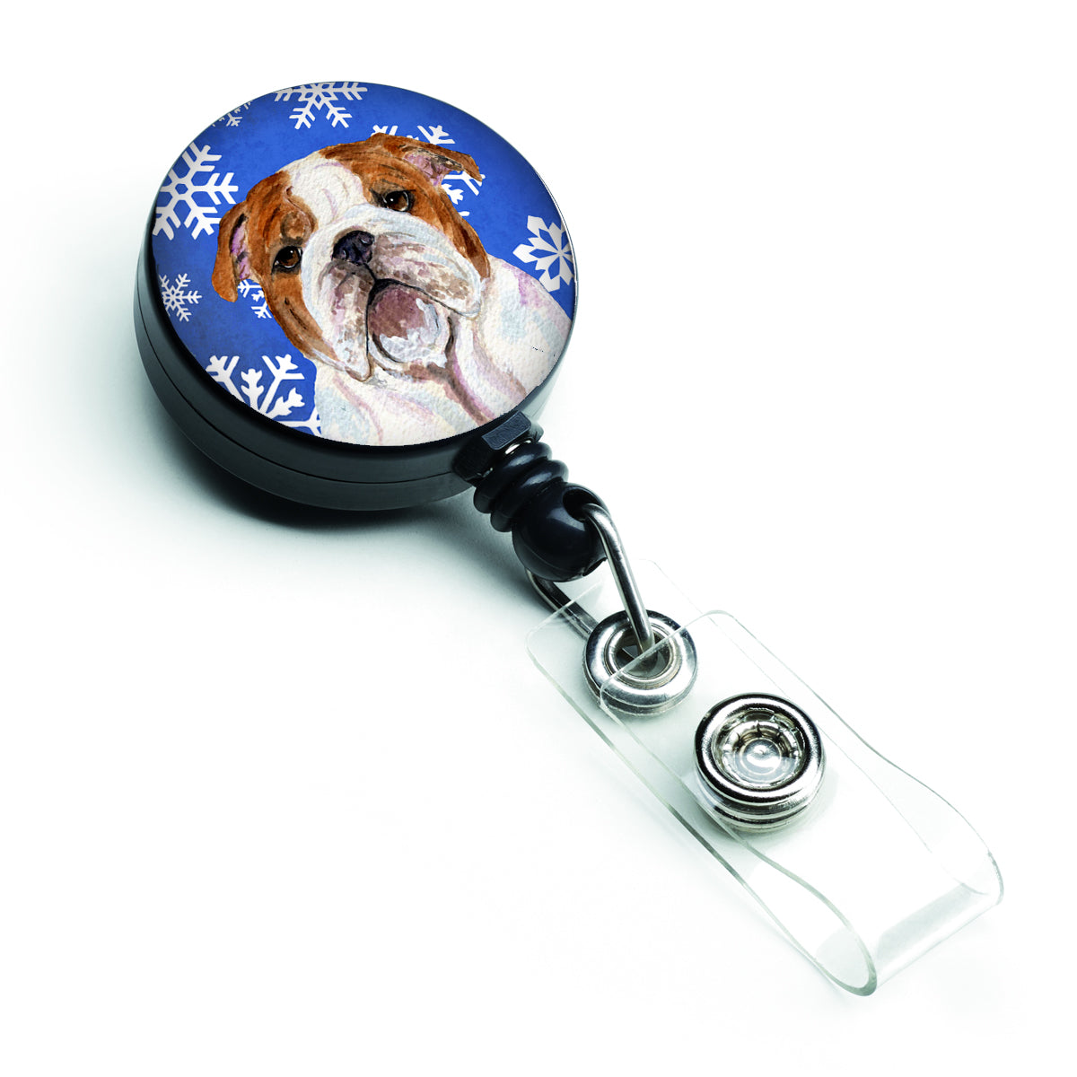 Bulldog English Winter Snowflakes Holiday Retractable Badge Reel SS4622BR  the-store.com.