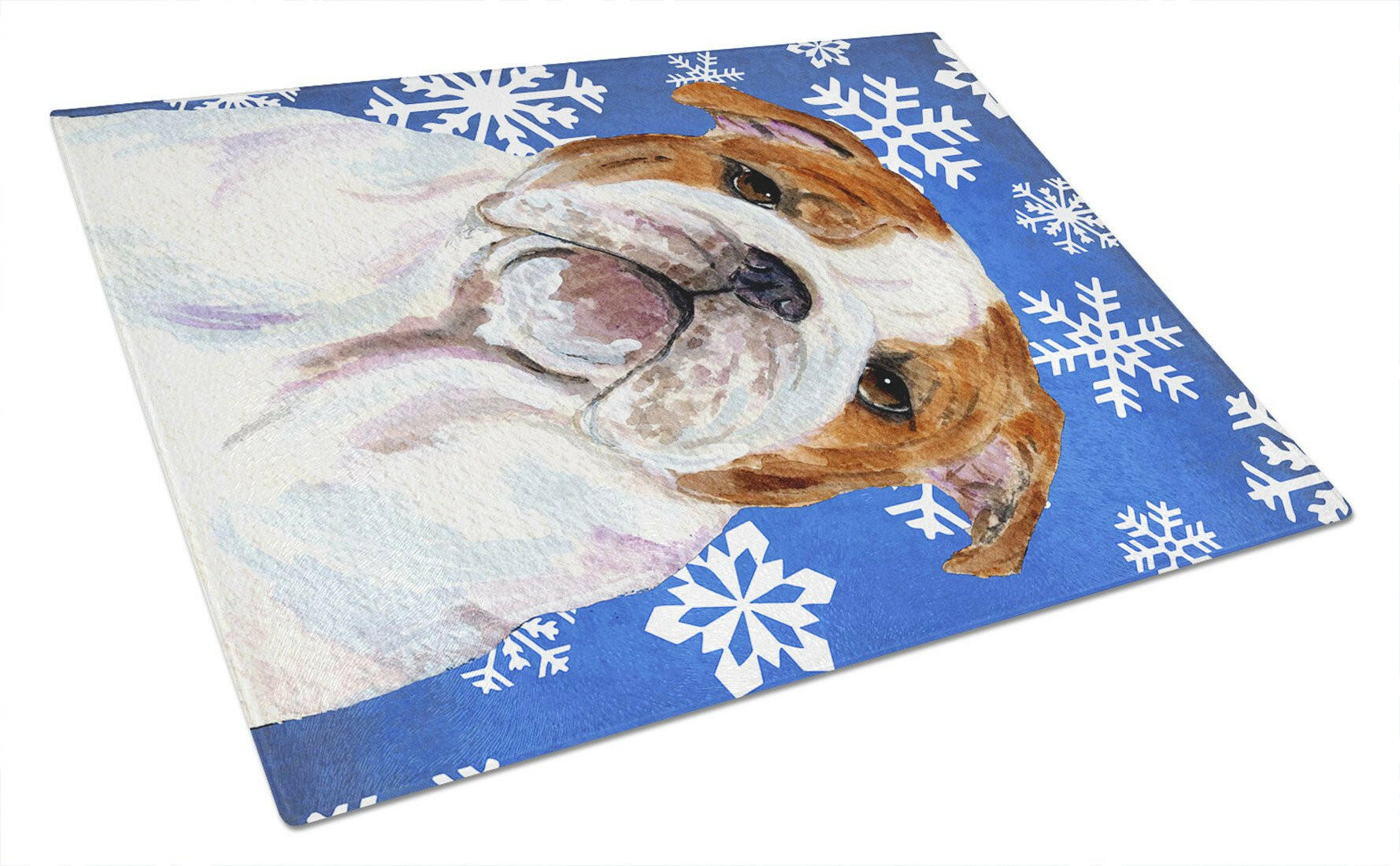 Bulldog English Winter Snowflakes Holiday Glass Cutting Board Large by Caroline's Treasures